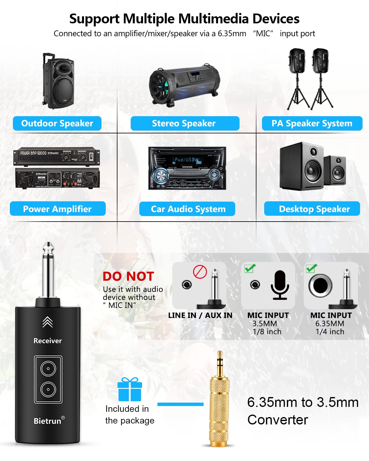 Bietrun Rechargeable Wireless Microphone, Dual Metal Cordless Handheld Dynamic Wireless Mics with Bluetooth, UHF 240FT Range, fo