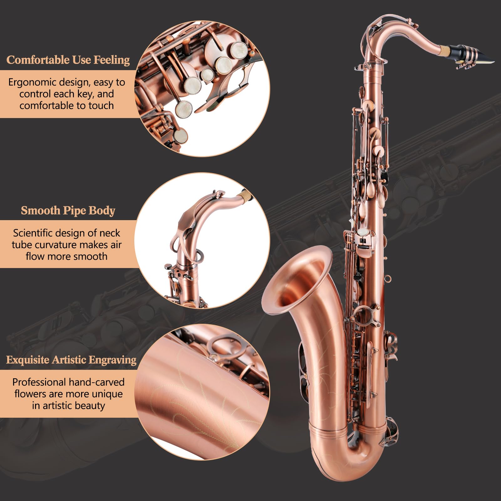 EASTROCK Tenor Saxophone, Red Antique Copper, B Flat, Professional, with Carrying Case, Mouthpiece, Reeds, Cleaning Kit, Neck St