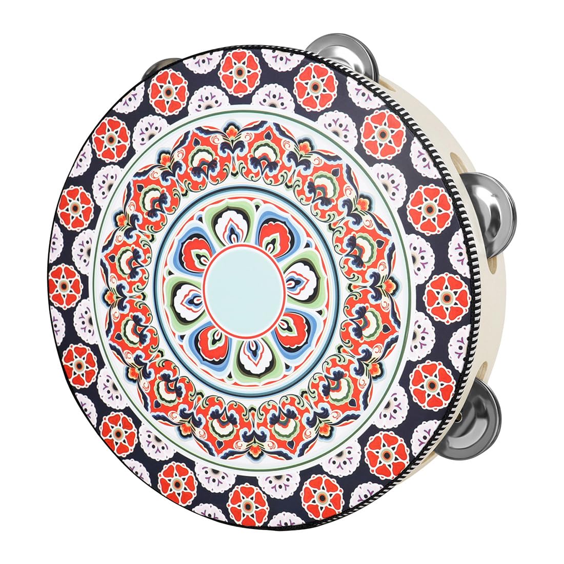 OriGlam 8 Inch Wood Tambourine, Handheld Drum with Metal Jingles, Red