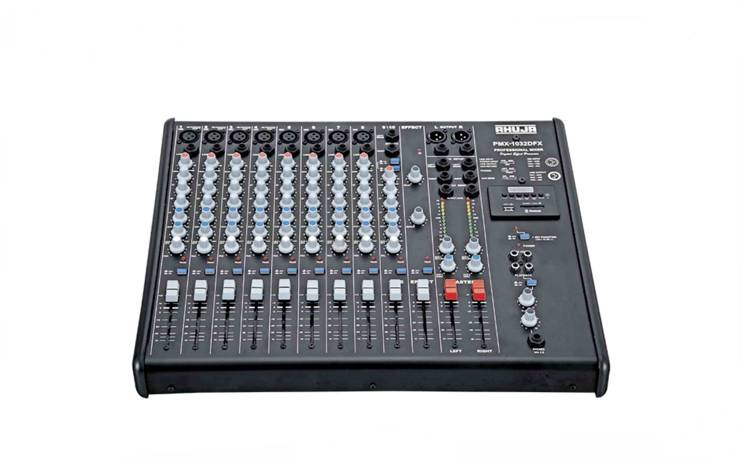 Ahuja PMX-1032DFX, 10-channel analog PA mixer with built-in MP3 player with USB, SD/MMC card reader, and Bluetooth, Four MIC inp