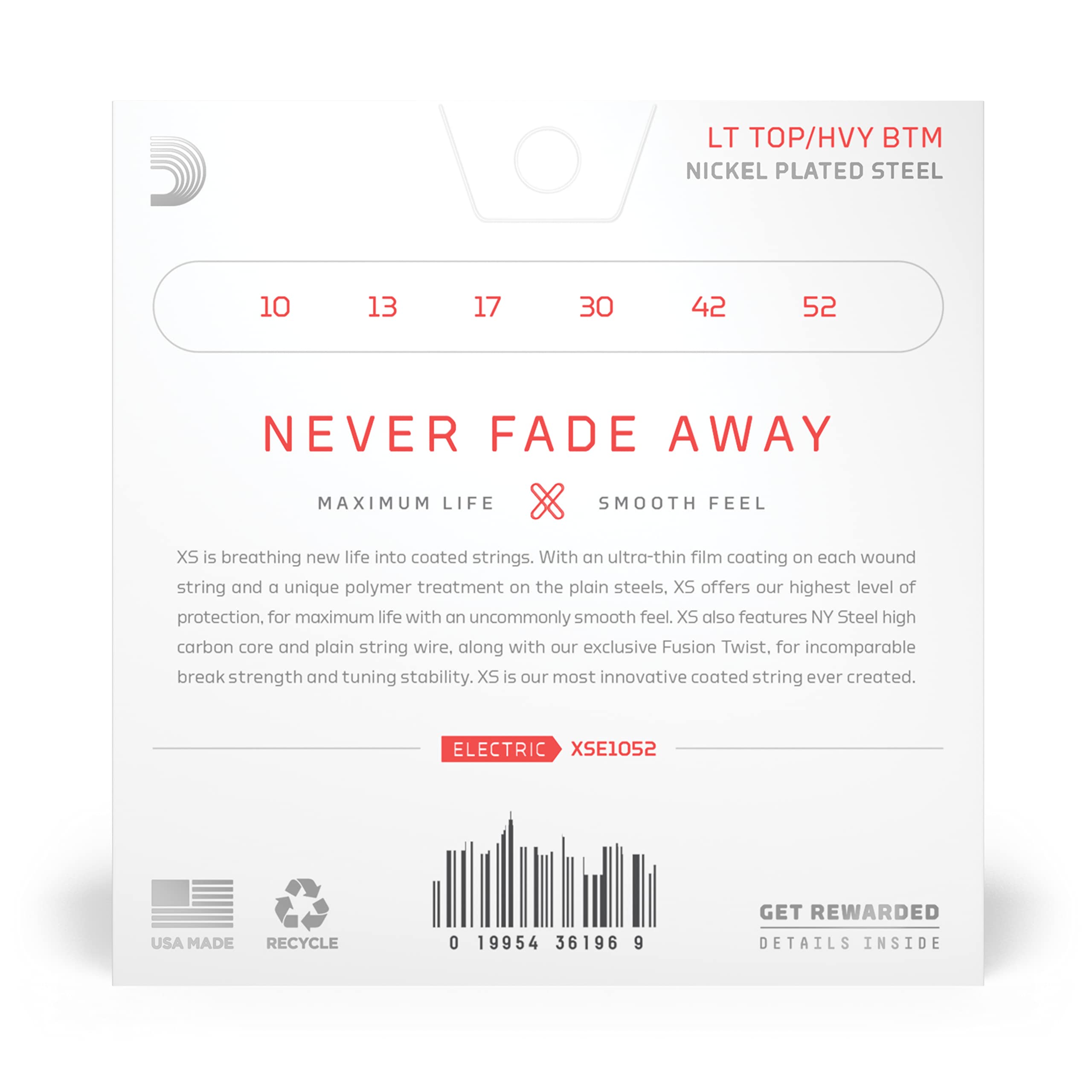 D'Addario Guitar Strings - XS Nickel Coated Electric Guitar Strings - XSE1052 - Maximum Life with Smooth Feel & Exceptional Tone