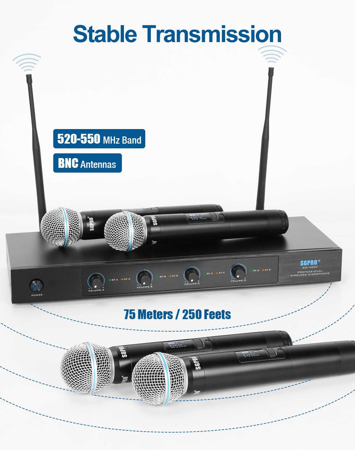 SGPRO 4-Channel Wireless Microphone System - 250Ft Range, Metal Mics & Receiver, Fixed Frequency Cordless Microphones Ideal for