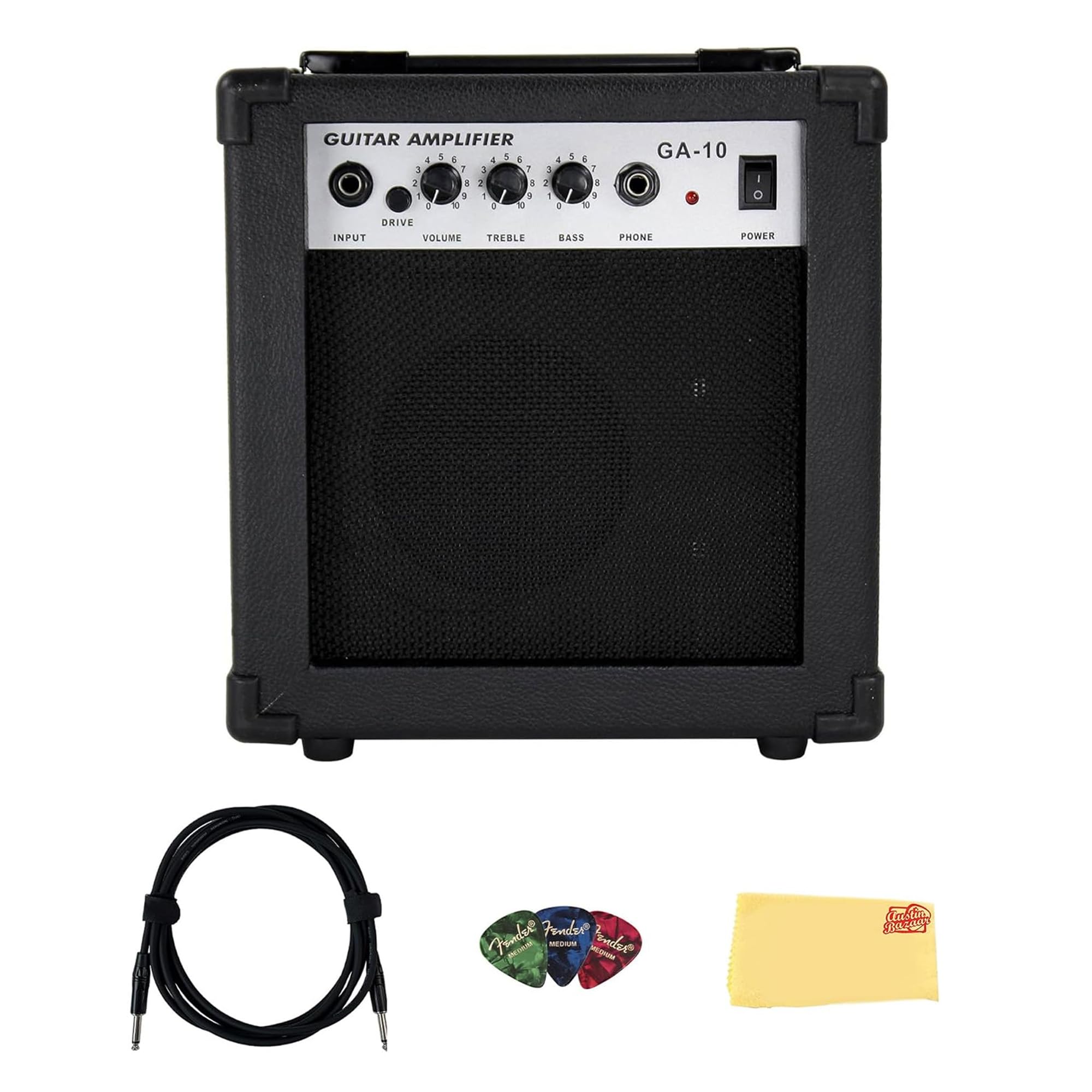 Gearlux 10-Watt Electric Guitar Amplifier - Black Bundle With Cable, Picks, And Austin Bazaar Polishing Cloth