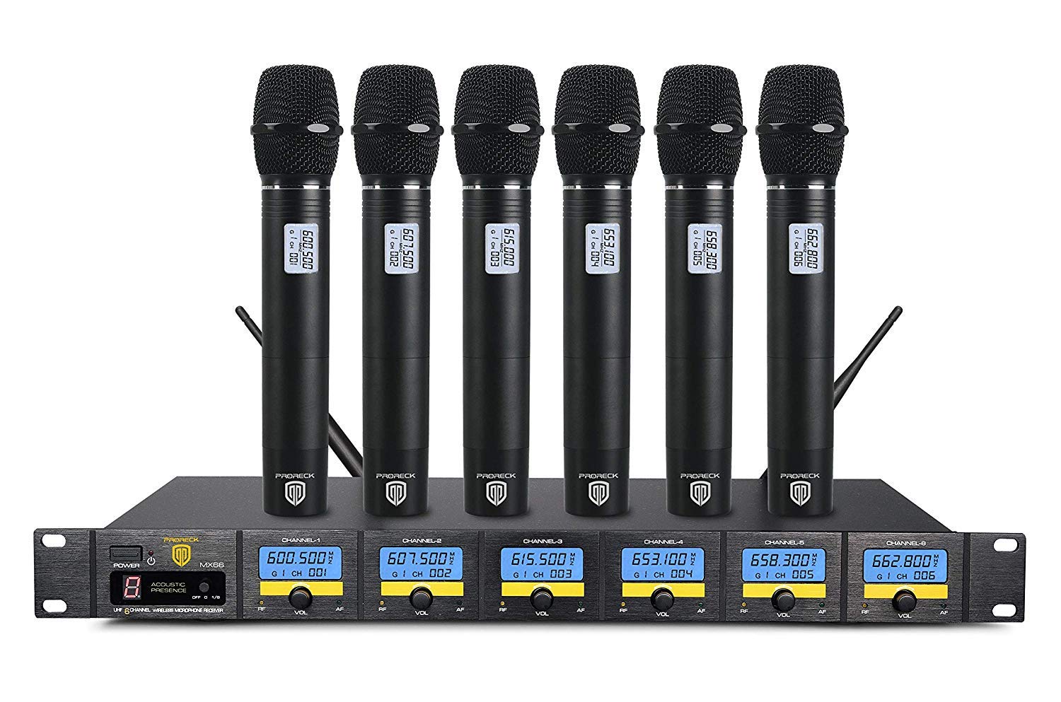 Proreck Mx66 6-Channel Uhf Wireless Microphone System With 6 Hand-Held Microphones Karaoke Machine For Party/Wedding/Church/Conf