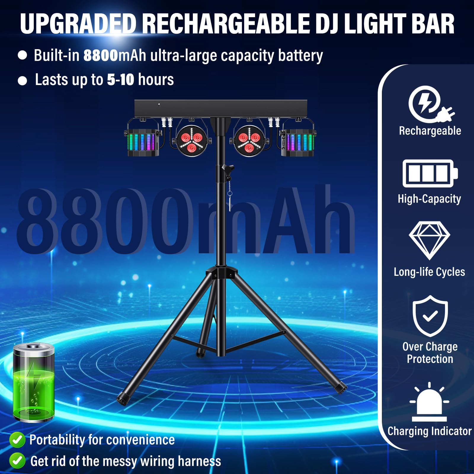 Telbum Rechargeable DJ Lights with Stand Wireless DJ Gig Bar Light Package Battery Powered Sound Activated LED Stage Lighting Sy
