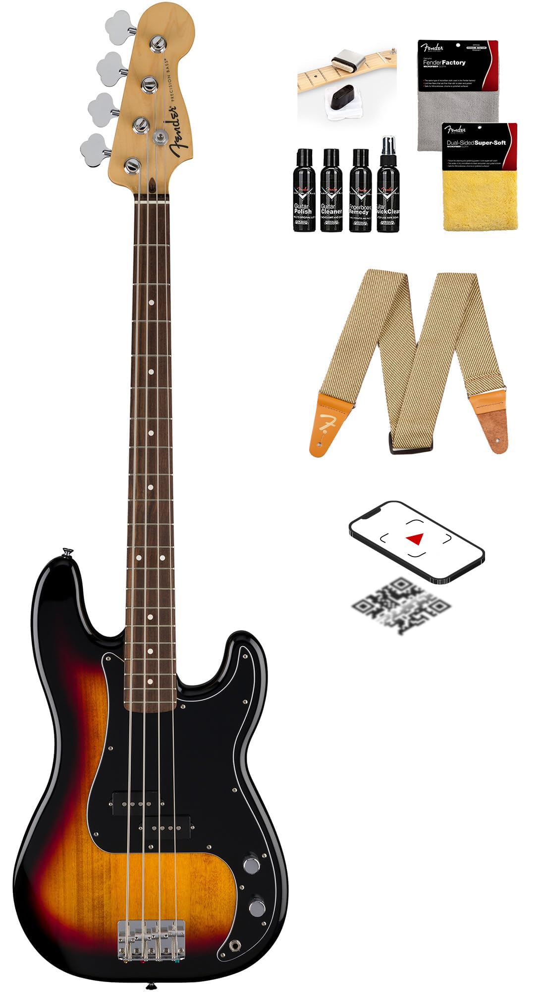 Fender Standard Precision Bass - 3-Color Sunburst Bundle With Strap, Guitar Cleaning Kit, And Austin Bazaar Instructional Video