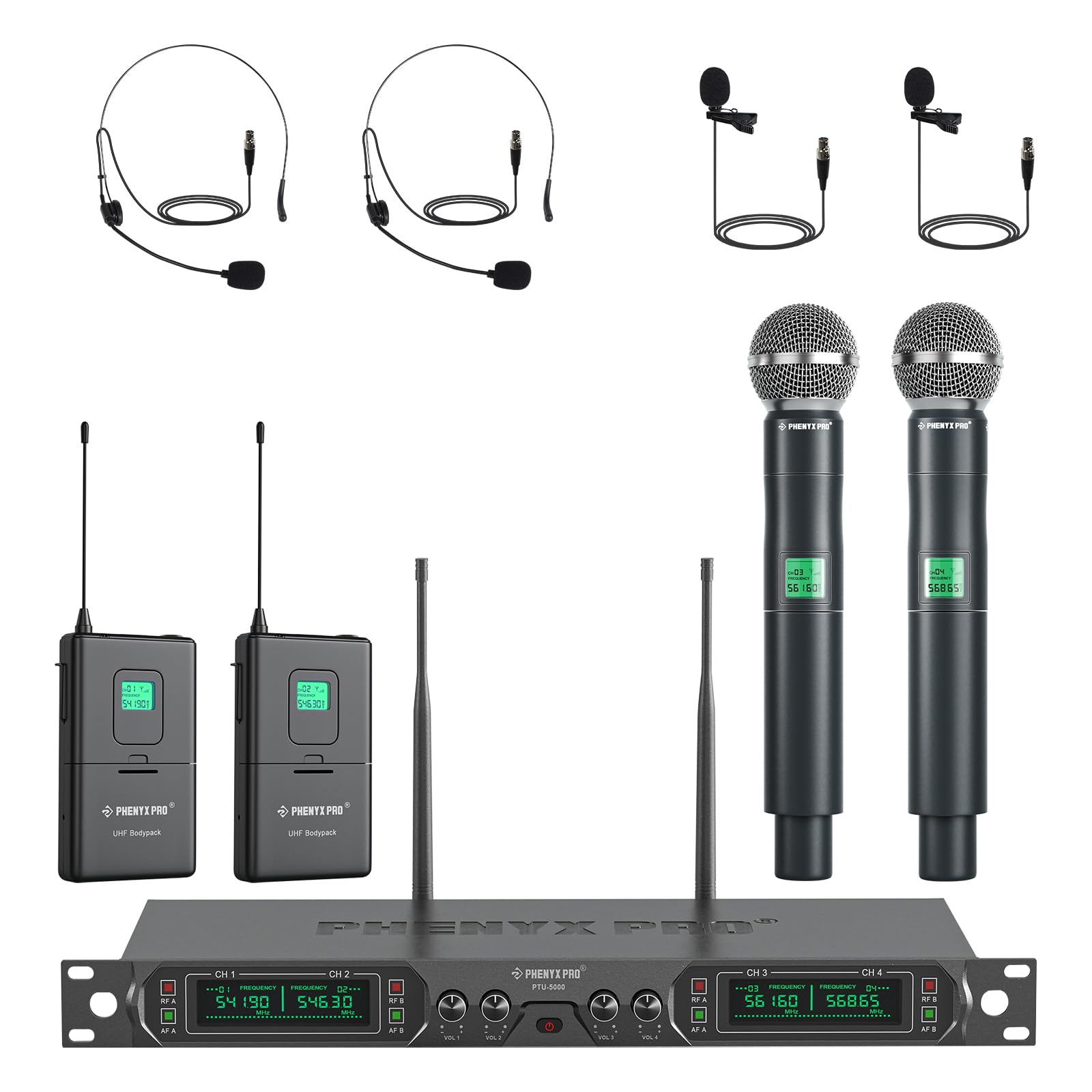Phenyx Pro Wireless Microphone System, 4-Channel Uhf Wireless Mic Set With Handheld/Bodypack/Headset/Lapel Mics, Fixed Frequency