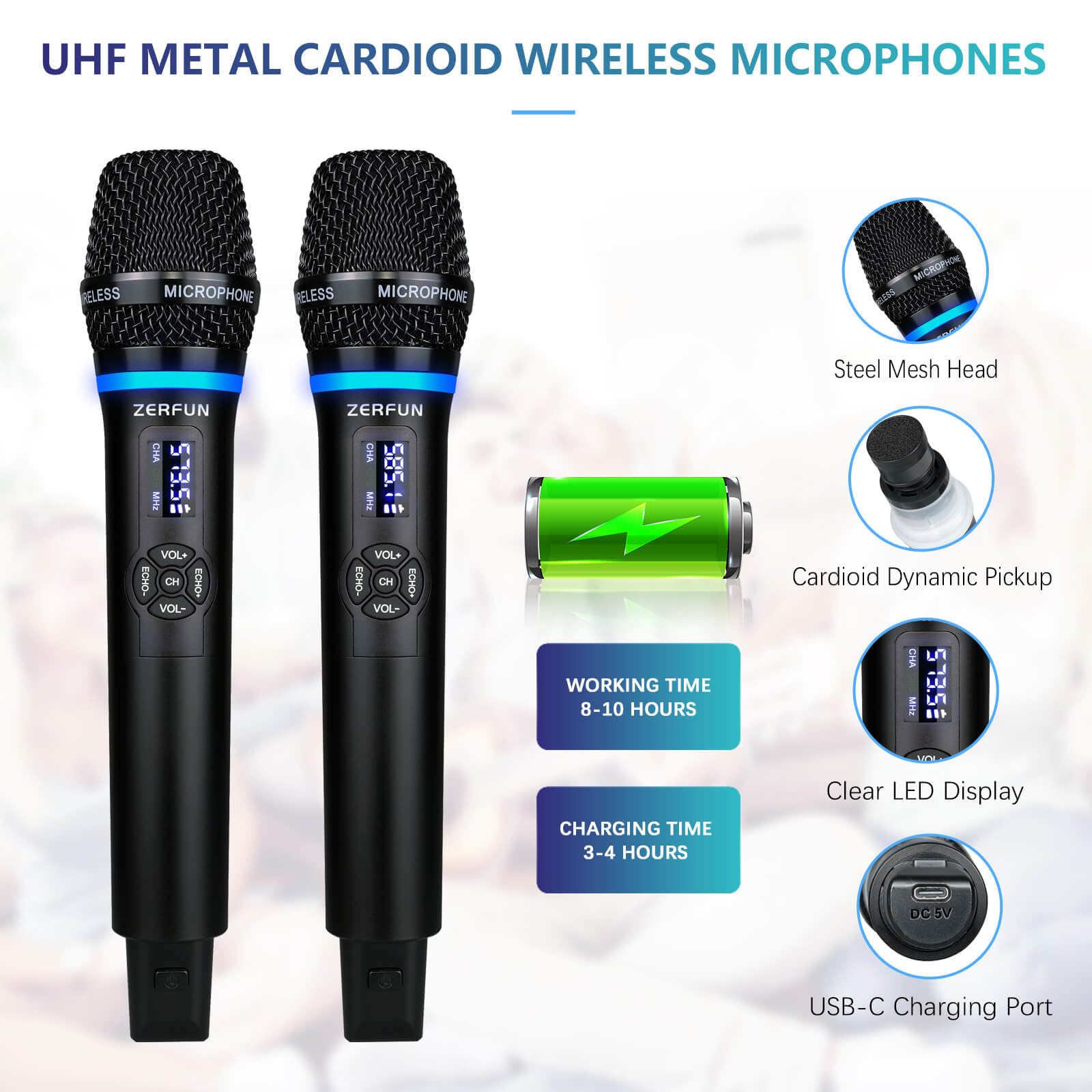 ZERFUN Dual Wireless Microphones Rechargeable, UHF Metal Wireless Mic System Cordless Microphone Professional with Echo VOL Chan
