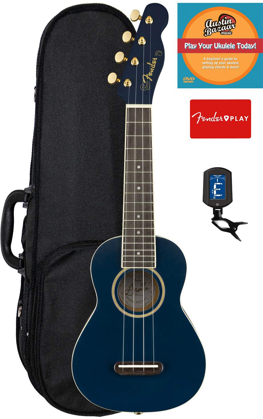 Fender Grace Vanderwaal Moonlight Soprano Ukulele Bundle with Hard Case, Tuner, Strap, Fender Play Online Lessons, and Austin Ba