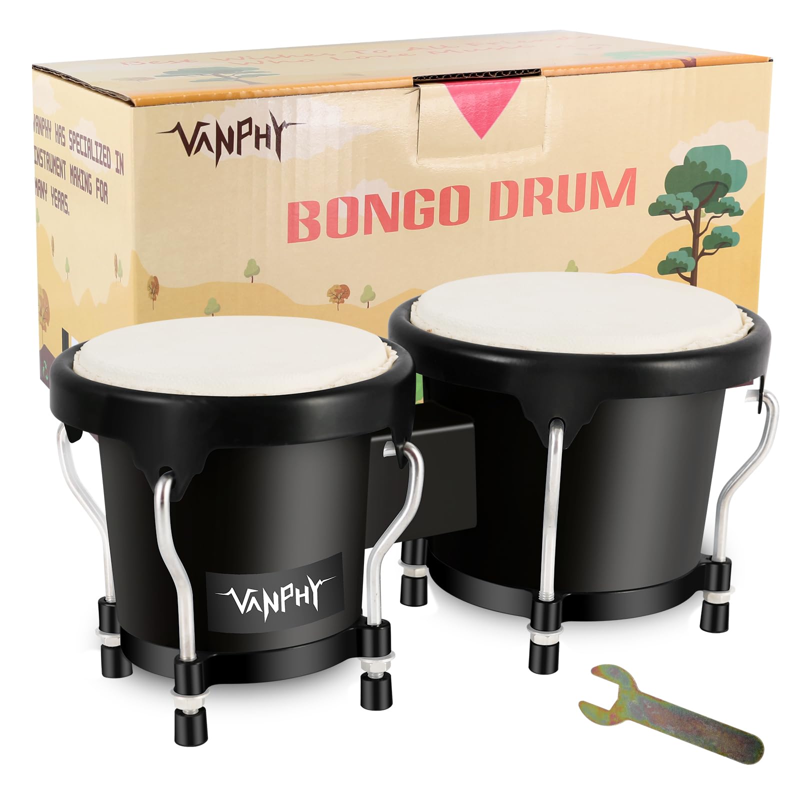 VANPHY Bongo Drum 4 and 5 Set for Adults Beginners Tunable Natural Skin Bongos Percussion Instruments With Tuning Wrench and