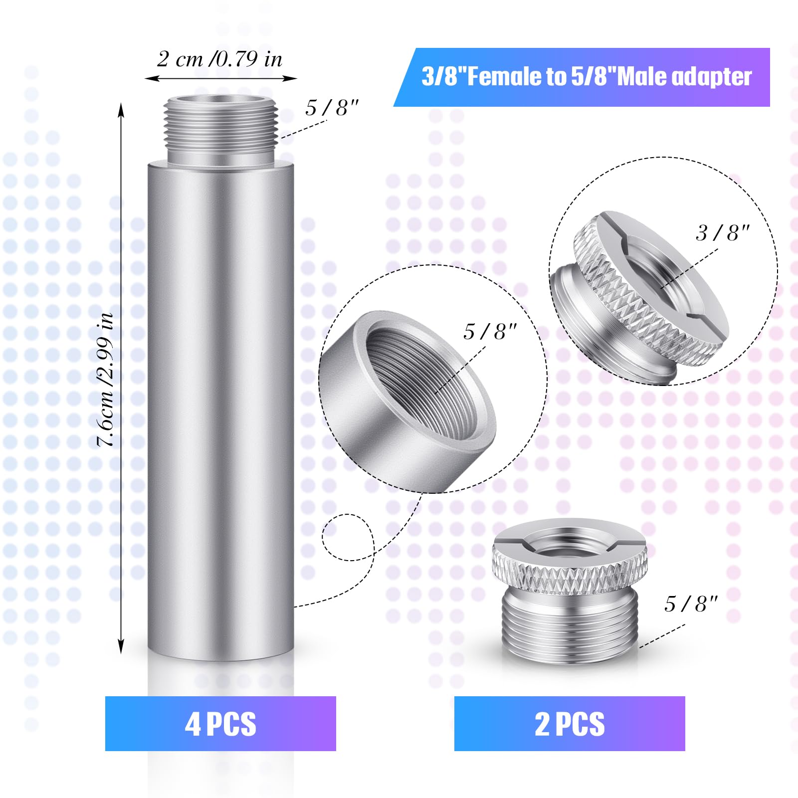 Weewooday Mic Stand Extension Tube 4 Pieces 5/8 Inch Microphone Extension Pipe Aluminium Alloy Stand Extenders Screw Boom Tubes