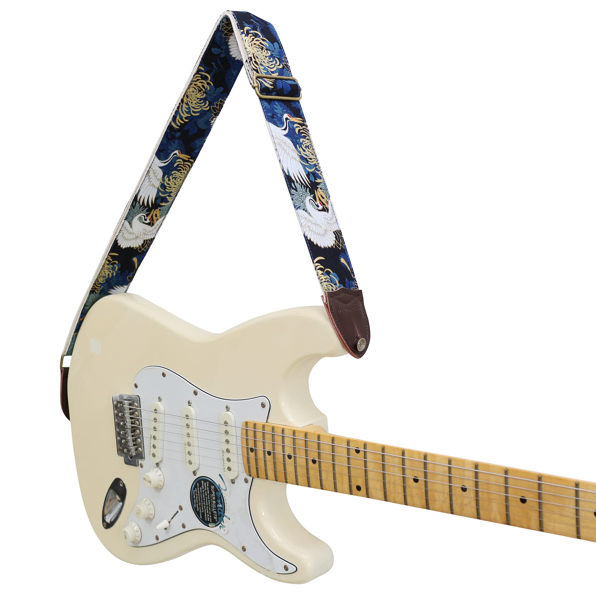 MUSIC FIRST Original Design, 2 inch width (5cm), Vintage Ukiyoe Style Chrysanthemum & Crane in Blue Electric Guitar Strap Bass S