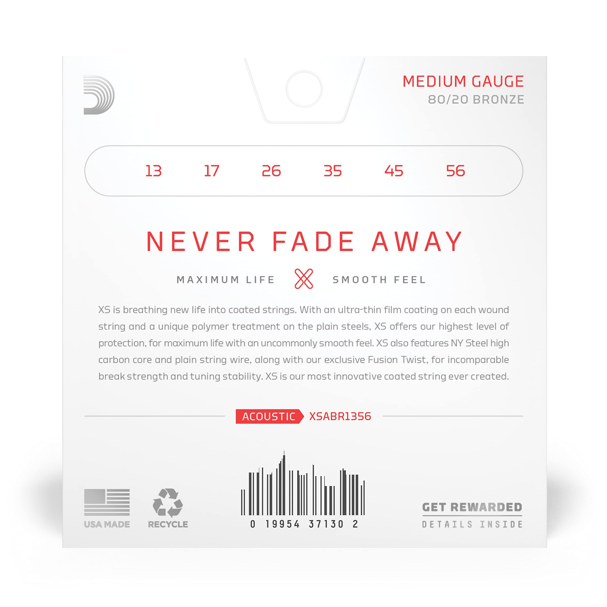 D'Addario Acoustic Guitar Strings, XS 80/20 Bronze Coated, XSABR1356, Medium Gauge 13-56, 6-String Set, Pack of 1