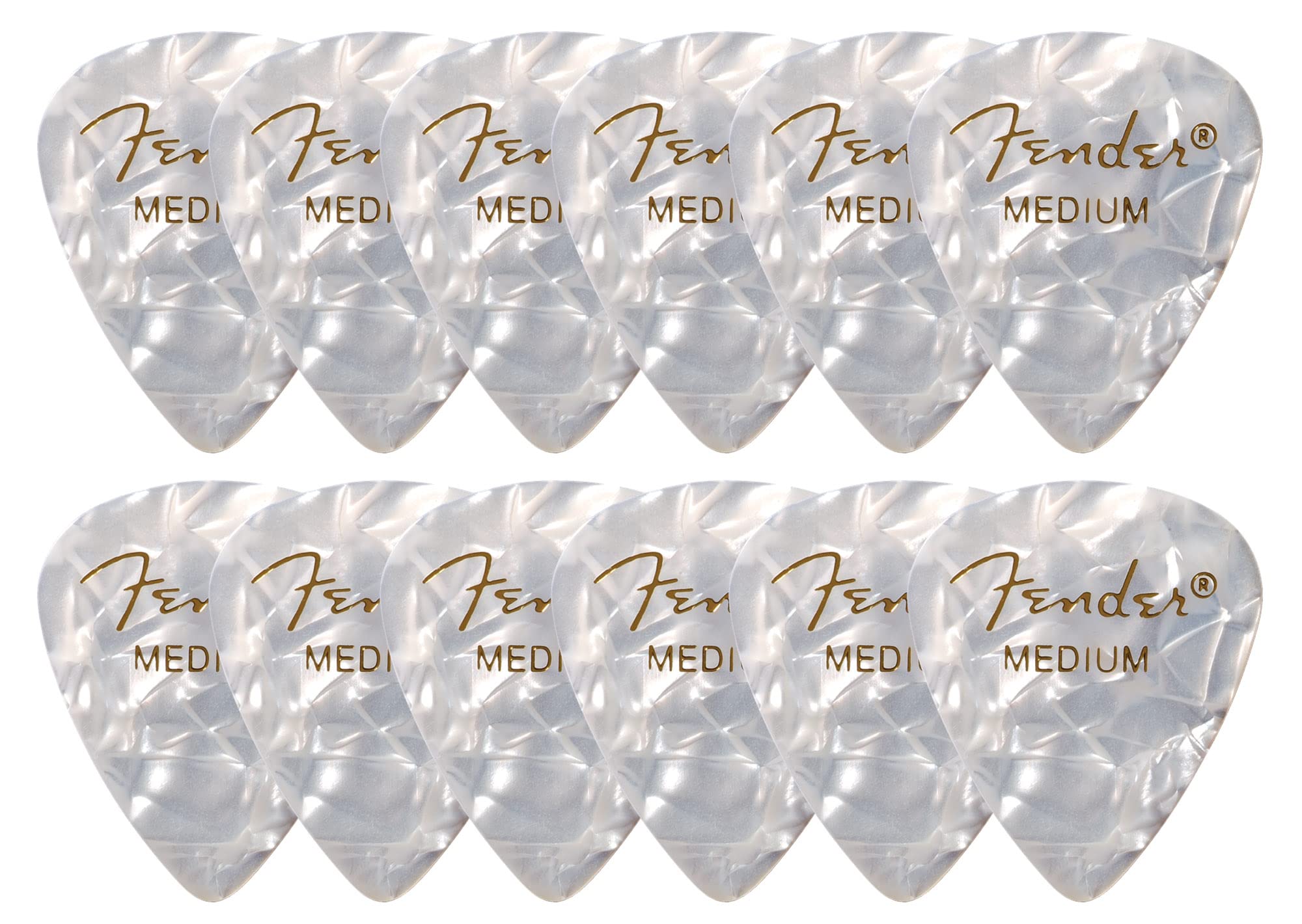 Fender Premium Celluloid 351 Shape Picks, Medium, White Moto - 12 Pack
