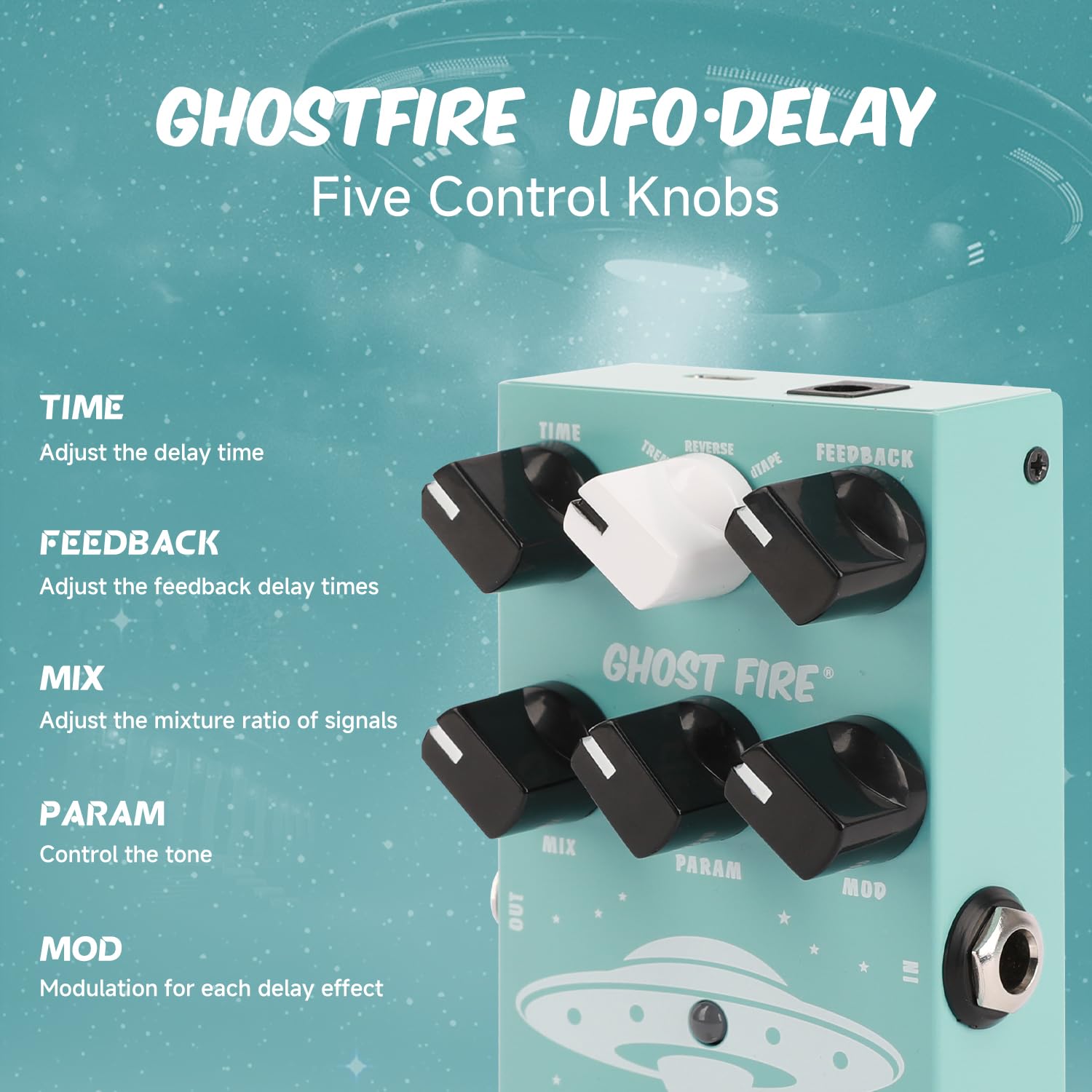 GHOSTFIRE Guitar Delay Pedal for Pedal Boards,9 Different Delay Effects for Electric Guitar, Bass,Tape,True Bypass (UFO Delay)