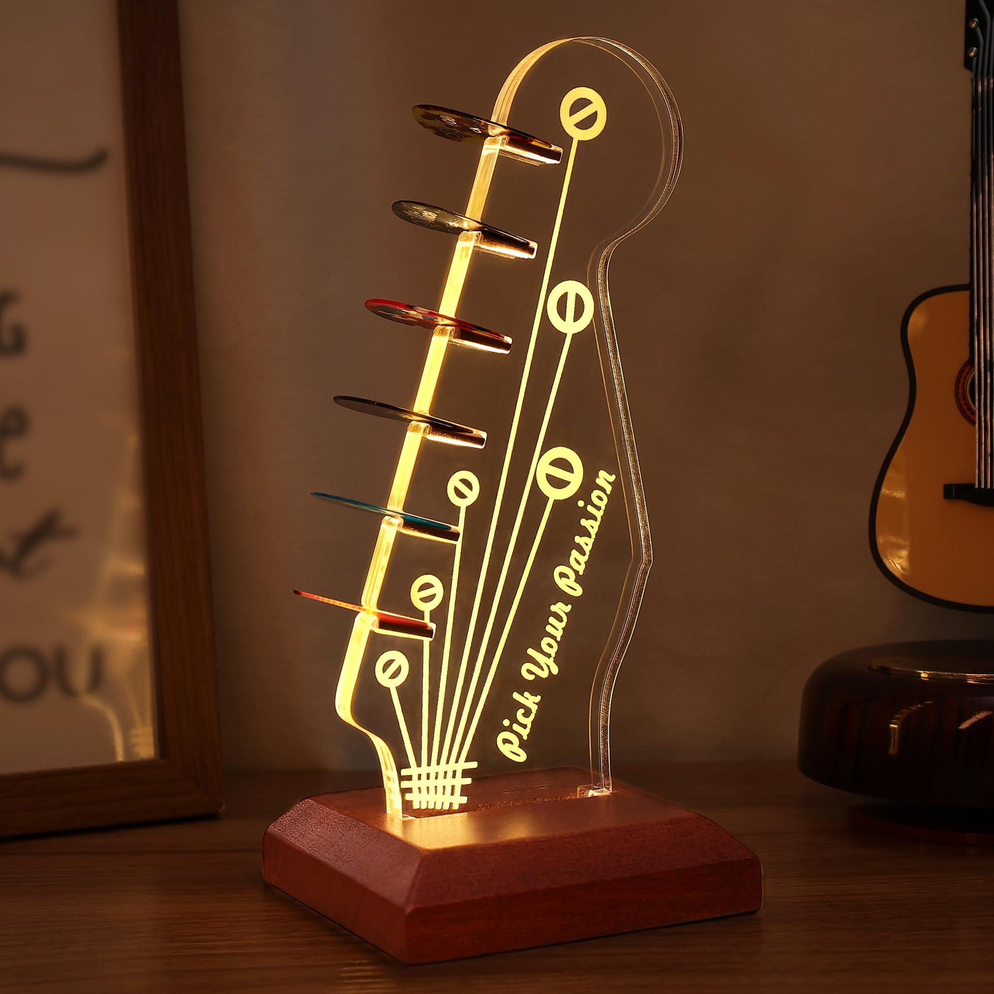 YuanDian Light Up Guitar Pick Holder, Headstock Shaped Wooden Acrylic Holder USB Powered for Guitar Pick Storage, Desk Decor, Gu