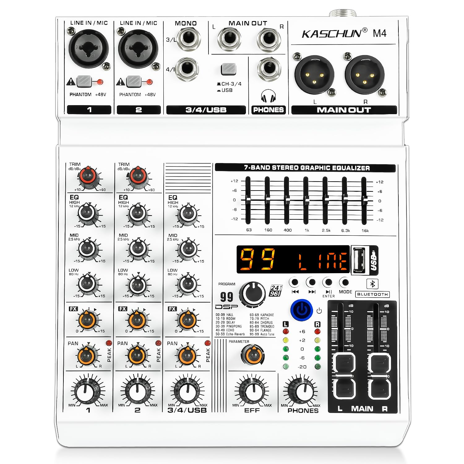 4 Channel Audio Mixer with Bluetooth, Sound Mixer Board with 99 DSP Effects, 7-Band EQ, 48V Phantom Power for Podcast Live Strea