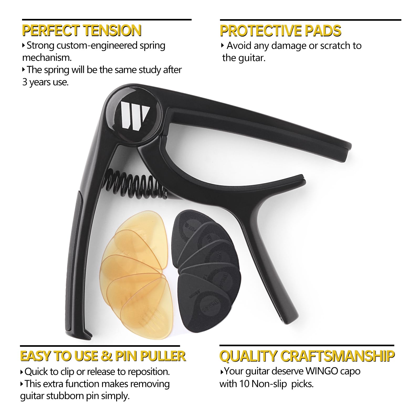 WINGO Guitar Capo for Acoustic and Electric Guitars, Ukulele, Mandolin, Banjo - Black with 10 Non-slip Picks.