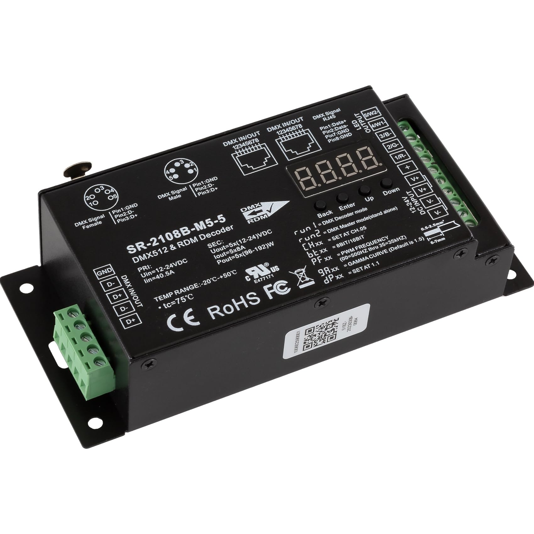 SIRS-E LED DMX RDM Decoder 5 Channel Stand Alone RGB & RGBW Controller 8A/CH, 12-24V DC, 480-960W, UL Recognized, SR-2108B-M5-5