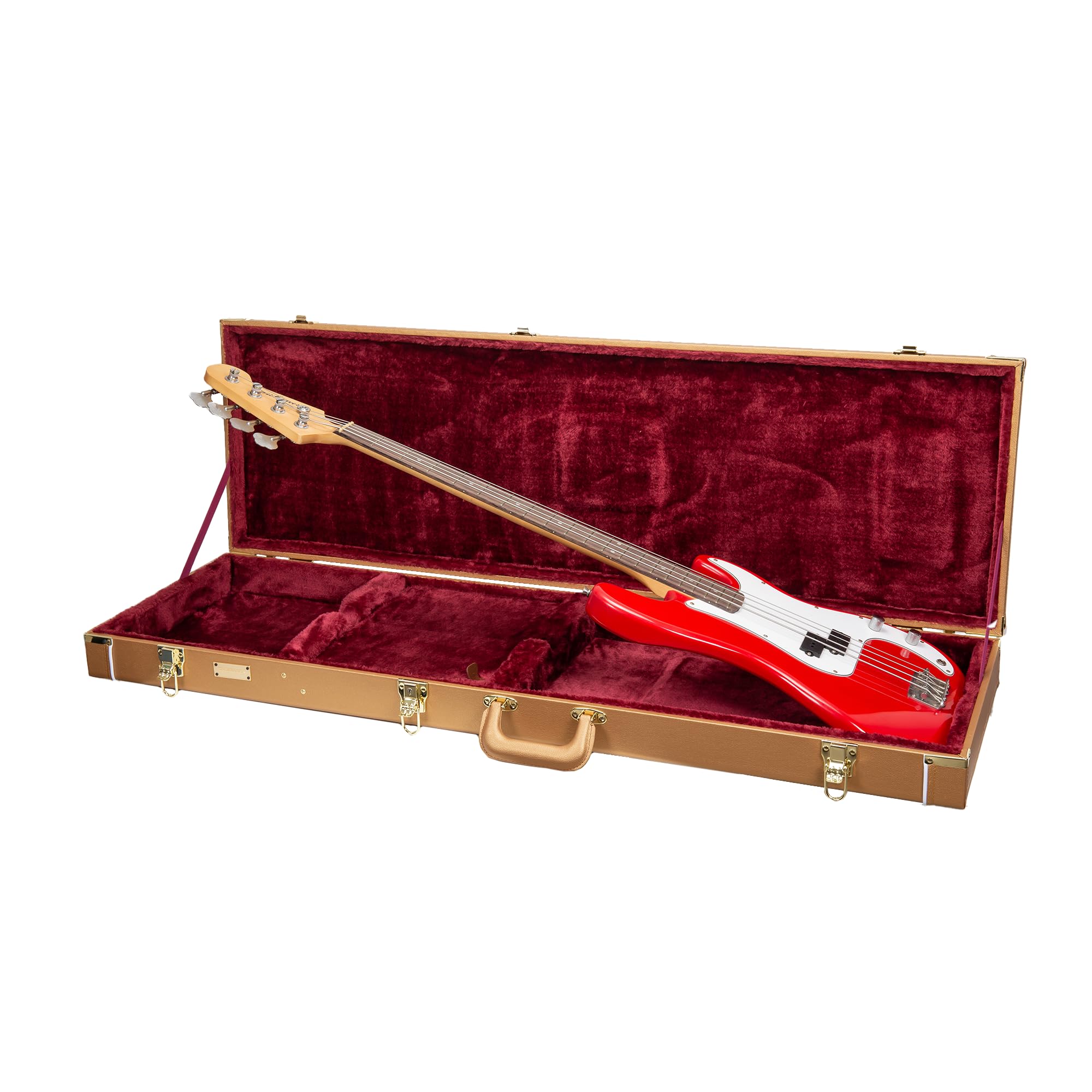 Crossrock Wooden Bass Guitar Case For Fender Precision & Jazz | Luxury Gold Faux Leather, Burgundy Velvet Interior, Lock - Desig