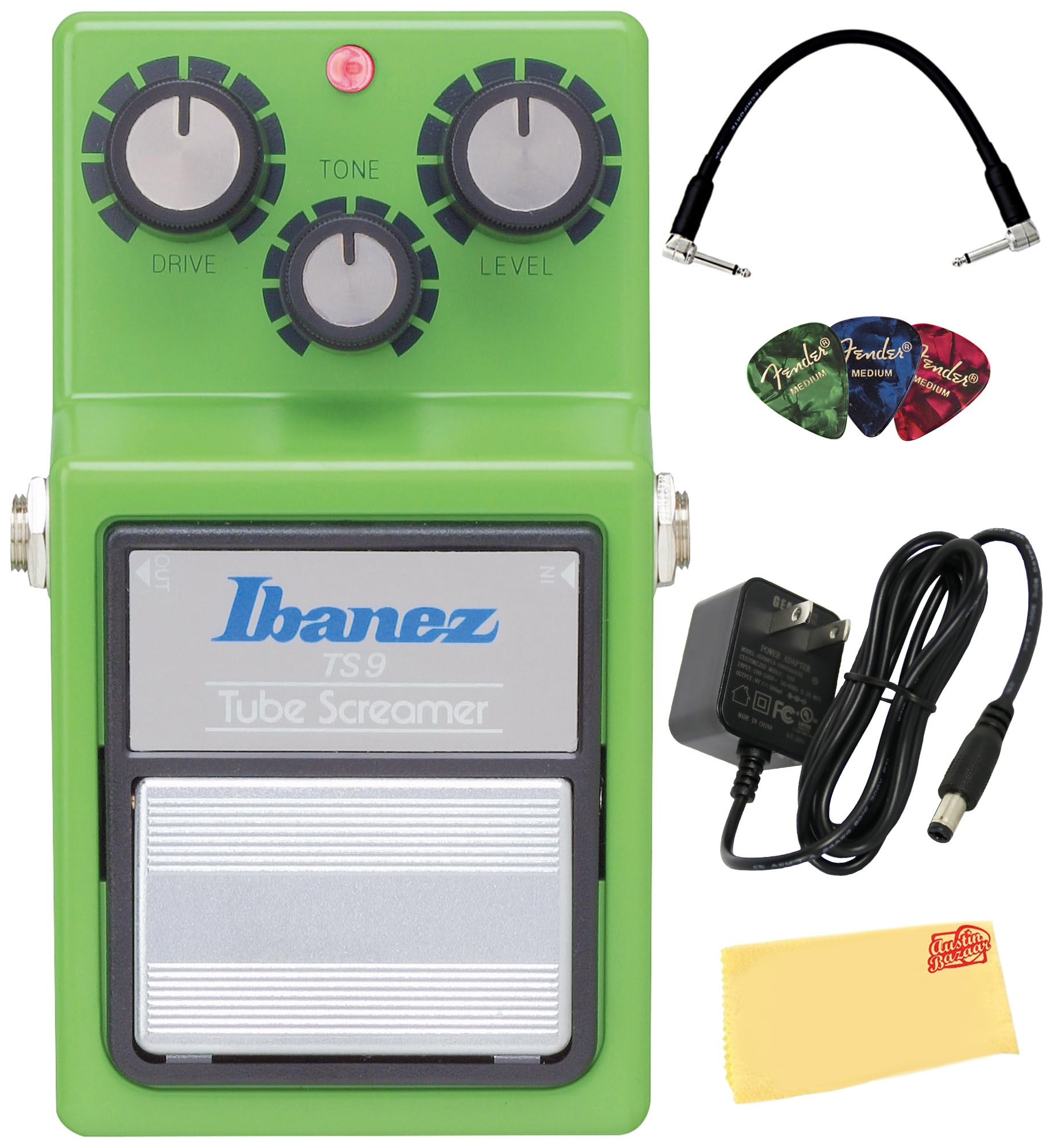 Ibanez TS9 Tube Screamer Overdrive Pedal Bundle with Power Supply, Patch Cable, Picks, and Austin Bazaar Polishing Cloth