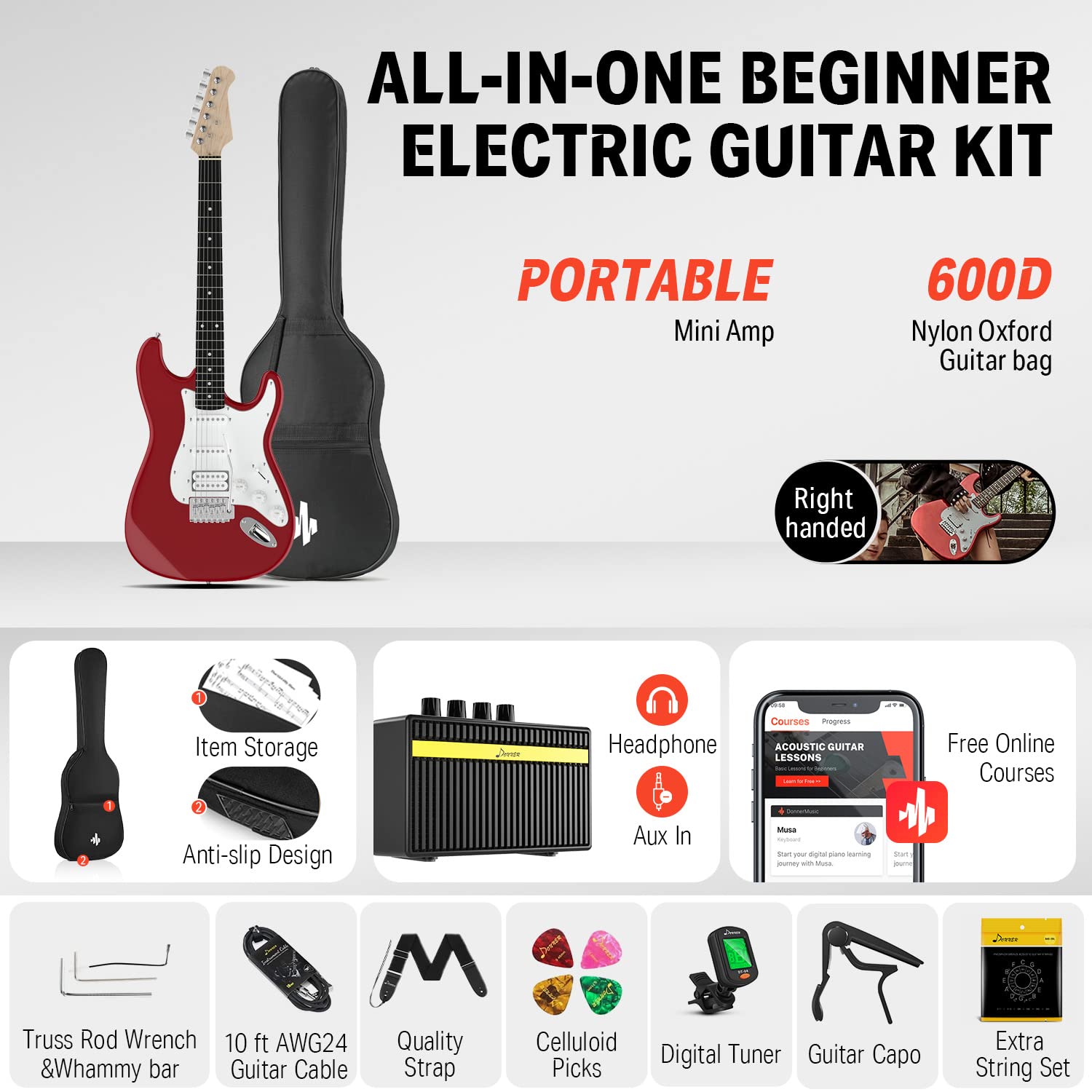 Donner DST-100R 39 Inch Electric Guitar Beginner Kit Red Full Size Solid Body HSS Pick Up Starter Package with All Accessories A