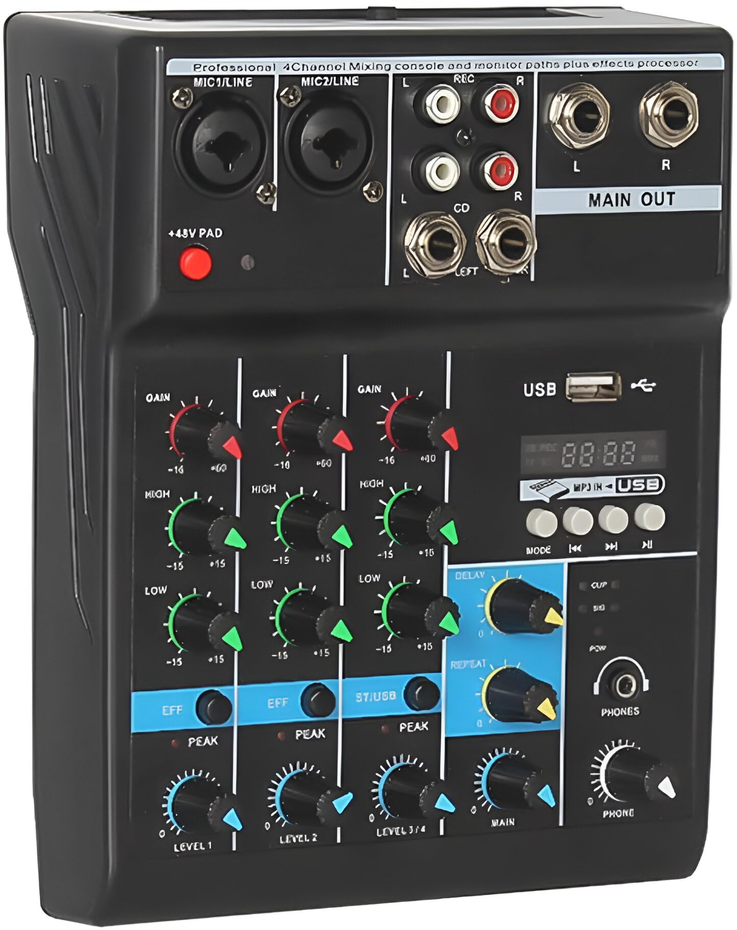 Powerpak F-4A 4 Channel Professional Audio Mixer Console System | Sound Board Digital Usb Bluetooth Mp3, Computer Input 48V Phan