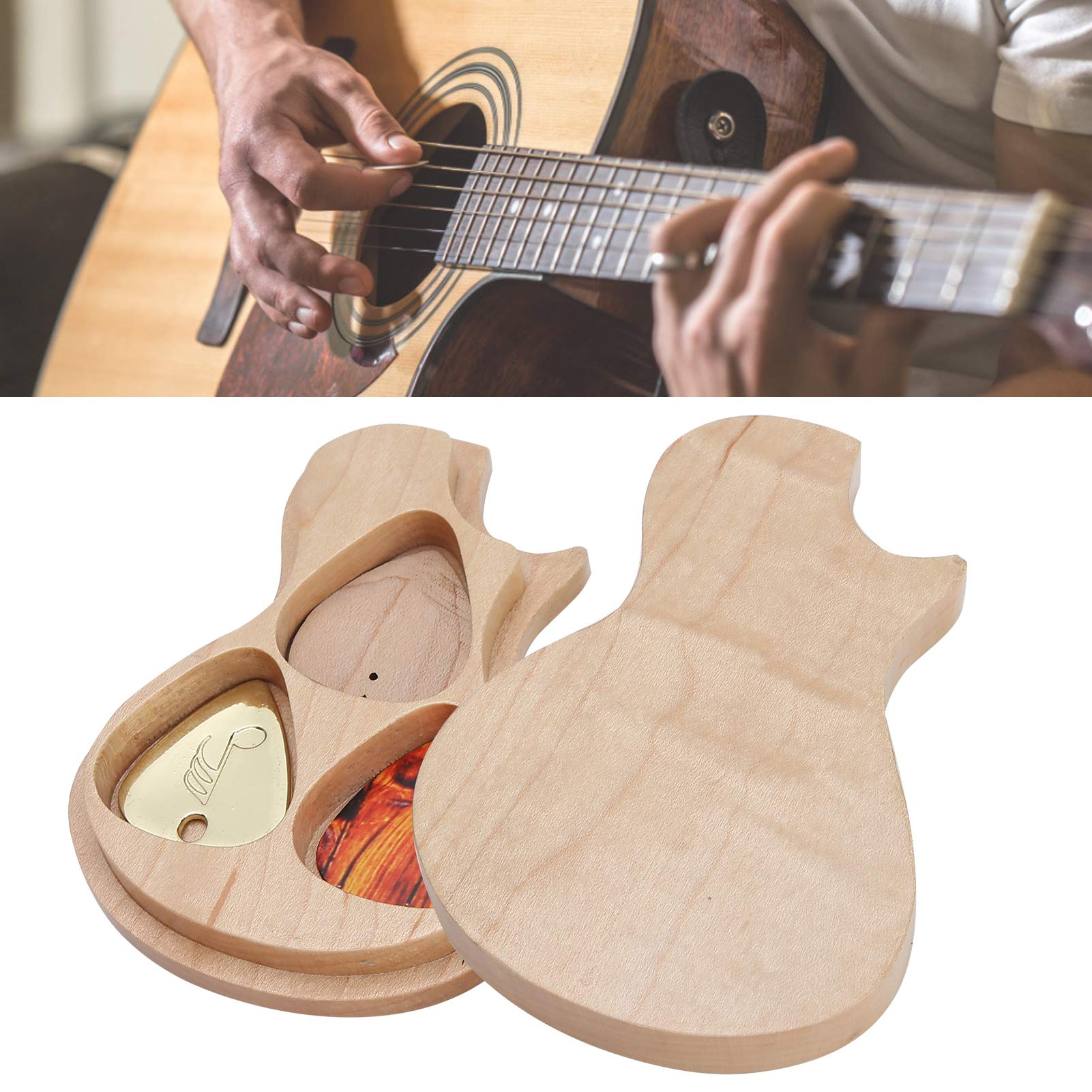 Guitar Pick Box,Maple Solid Wood Box Guitar Pick Holder with 3 Picks Guitarist Gifts Musical Instrument Accessories