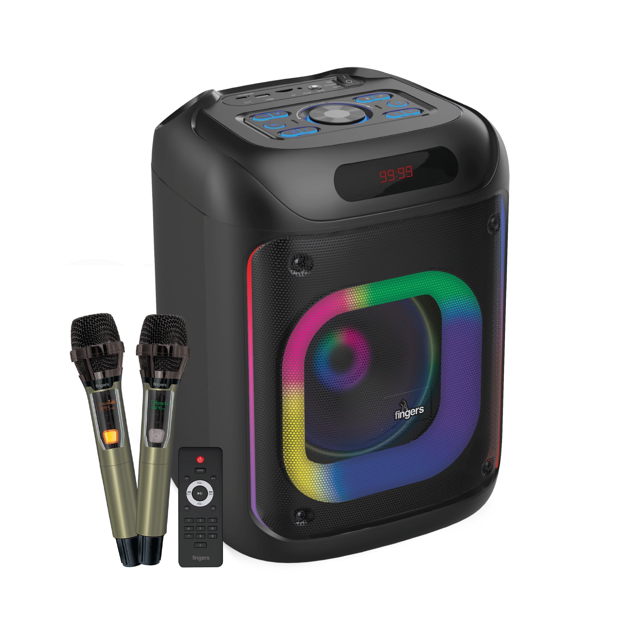 Fingers 2Mic-Thunderbox Portable Speaker With 2 Wireless Mics (40W Immersive Bass, 6.5-Hour Playtime, Dazzling Rgb Lights, Recor