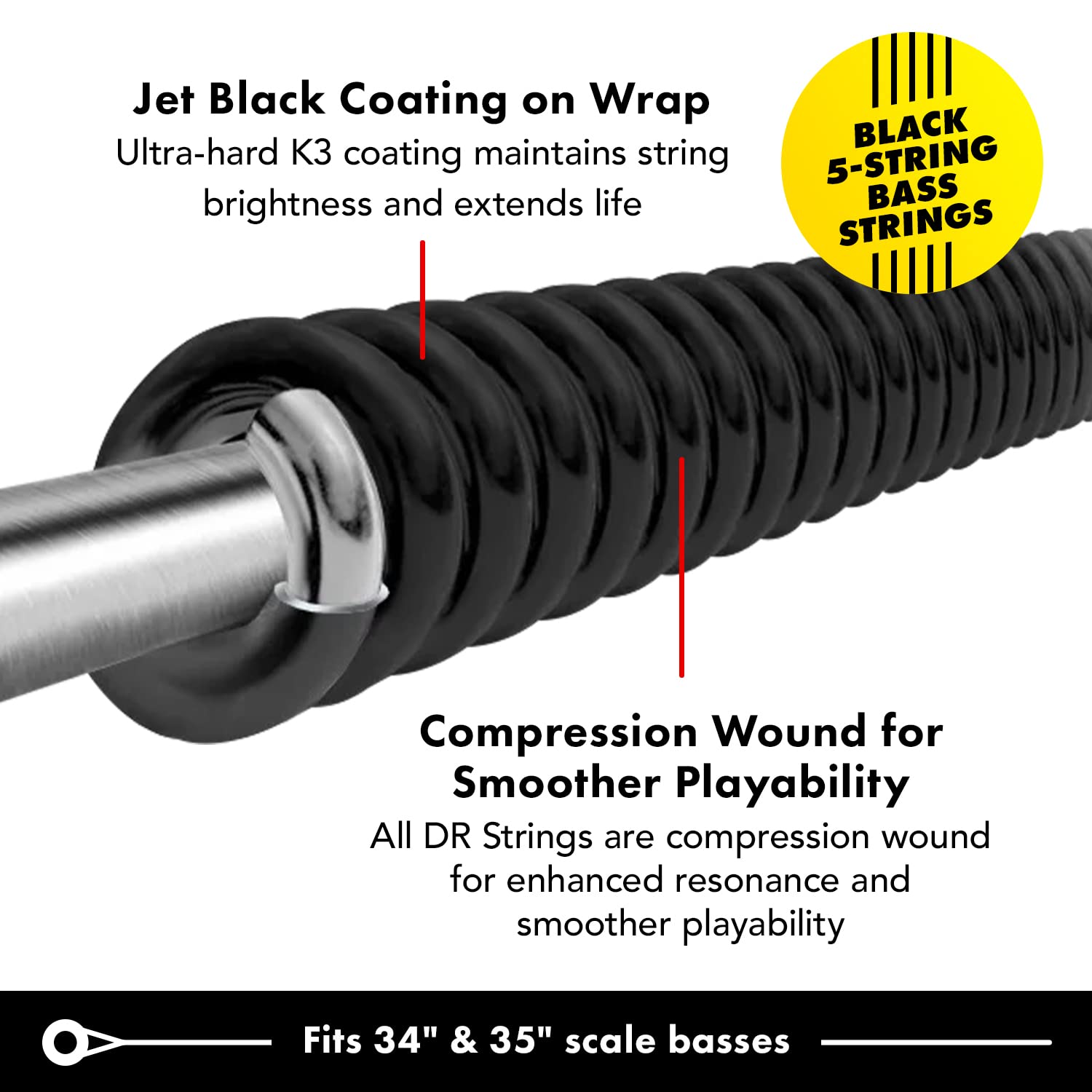 DR Strings Bass Strings, Black Beauties BASS Black Coated Nickel Plated Bass Guitar Strings on Round Core