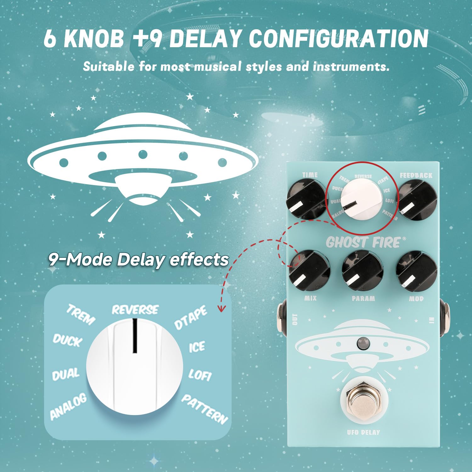 GHOSTFIRE Guitar Delay Pedal for Pedal Boards,9 Different Delay Effects for Electric Guitar, Bass,Tape,True Bypass (UFO Delay)