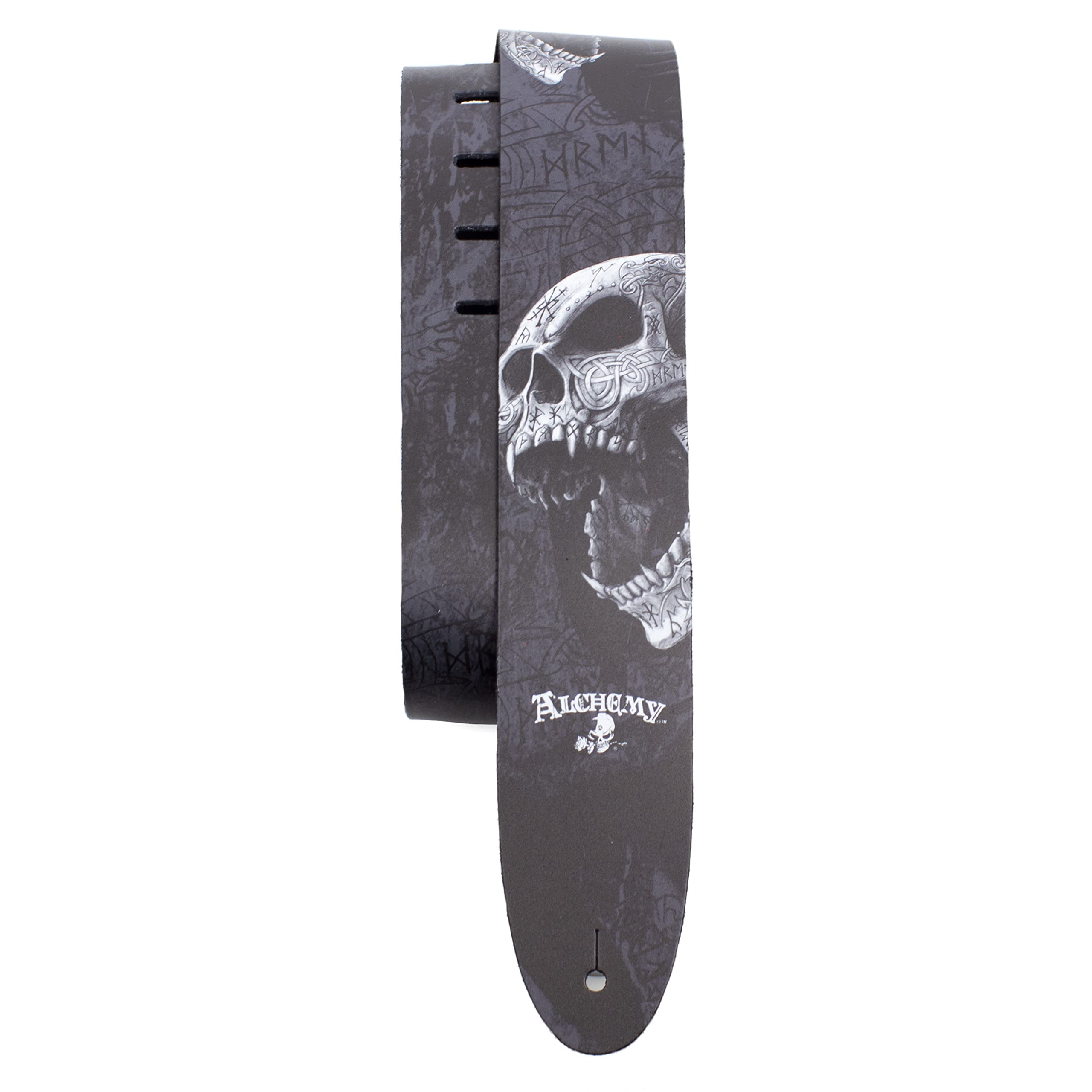 Perris Leathers, 42.5 to 56, Detailed Print, Licensed Alchemy Berserker Skull Leather Guitar Strap - Anti-Slip, Adjustable, Comp