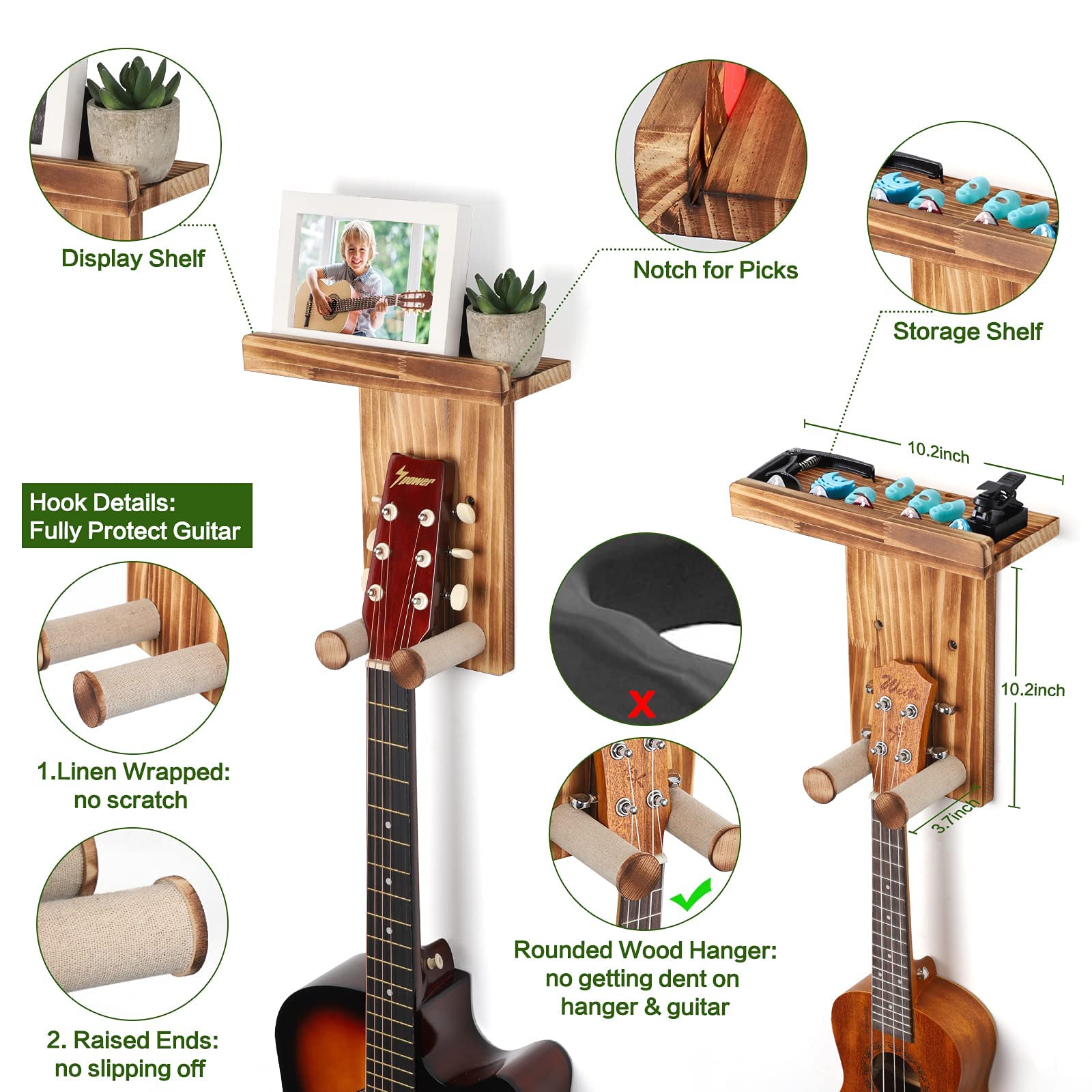 Keebofly Guitar Wall Mount,3 Pack Guitar Wall Hangers Guitar Stand Wall with Pick Holder Guitar Rack for Acoustic or Electric Gu