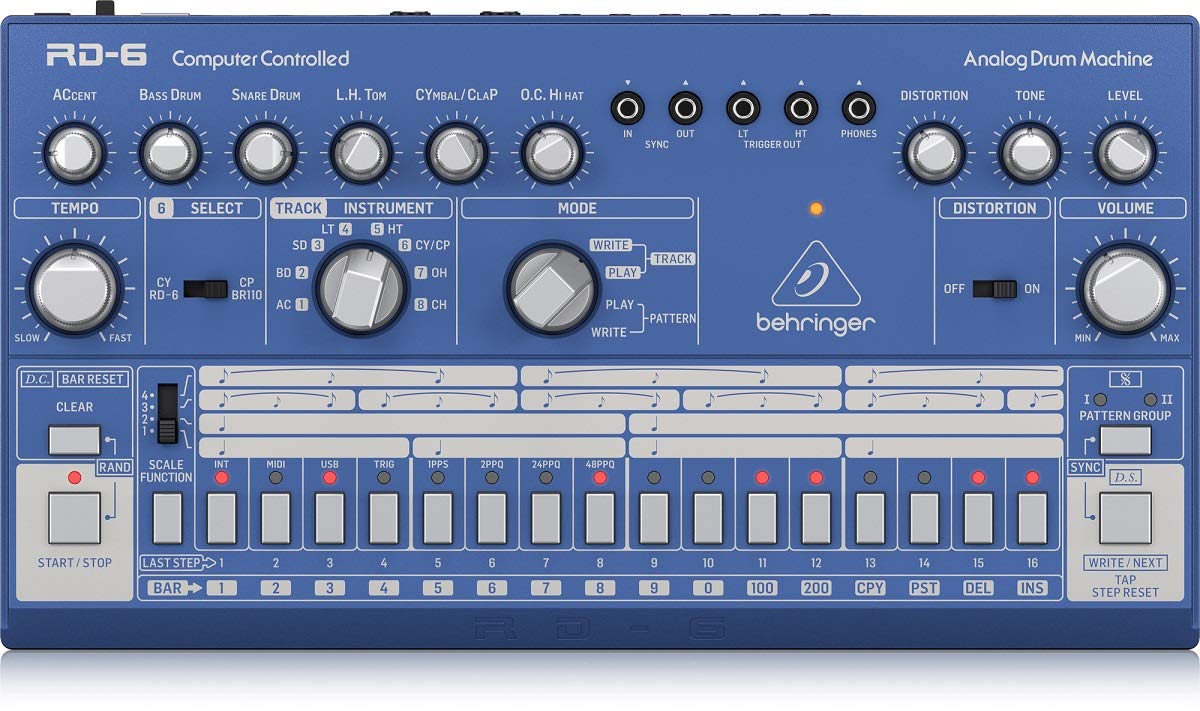 Behringer Rhythm Designer Rd-6-Bu Analog Drum Machine With 8 Drum Sounds, 64 Step Sequencer And Distortion Effects