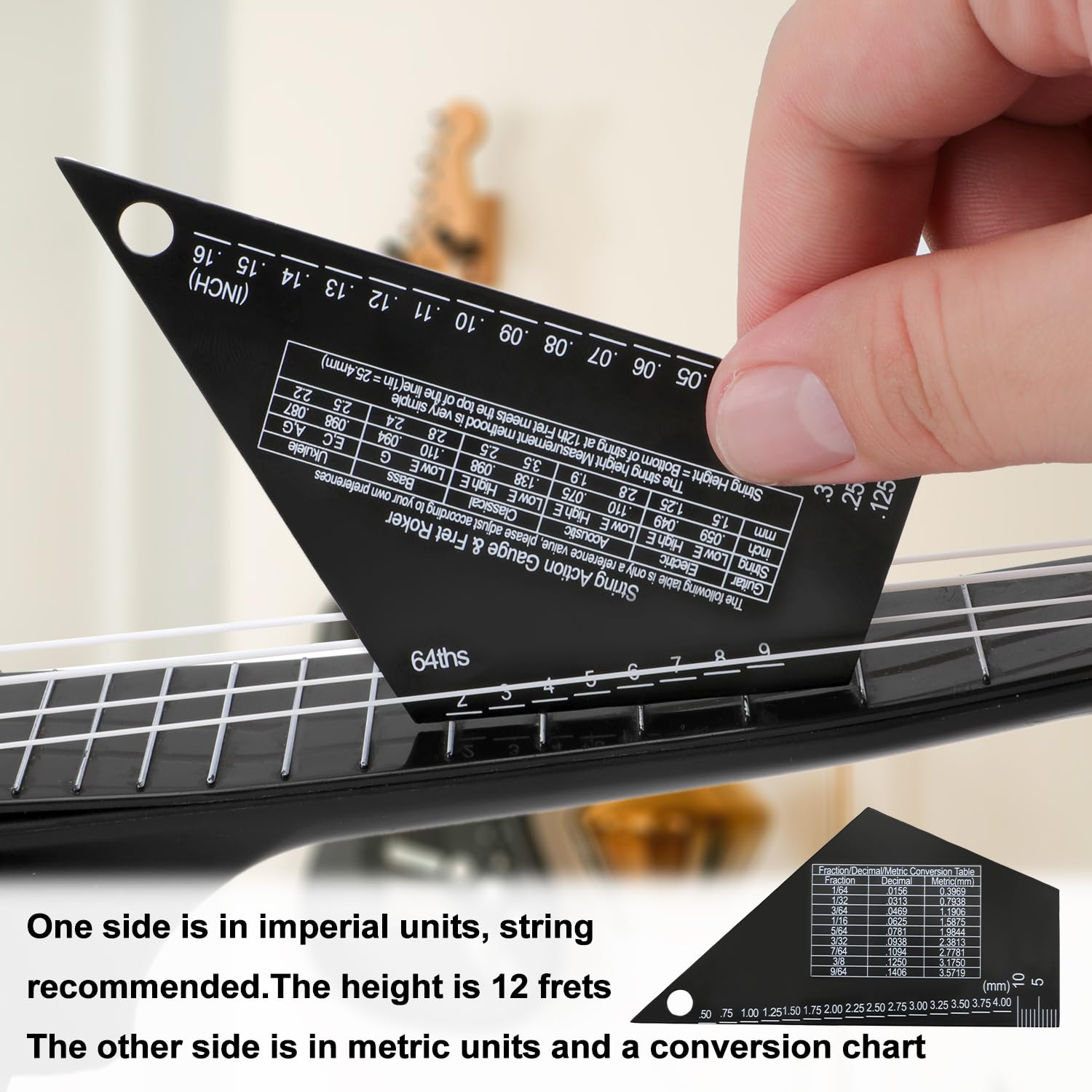 Guitar String Spacing Action Gauge, High Precision Sliding Pentatonic Scale Fret Rocker with Metric & Conversion Charts String H