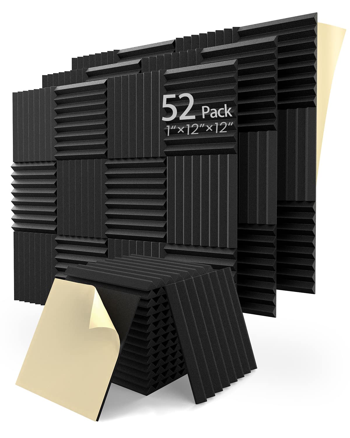 Leiyer Upgrade 52 Pack Sound Proof Foam Panels With Self-Adhesive, 1'' X 12'' X 12'' Quick-Recovery Acoustic Panels, Acoustic Fo