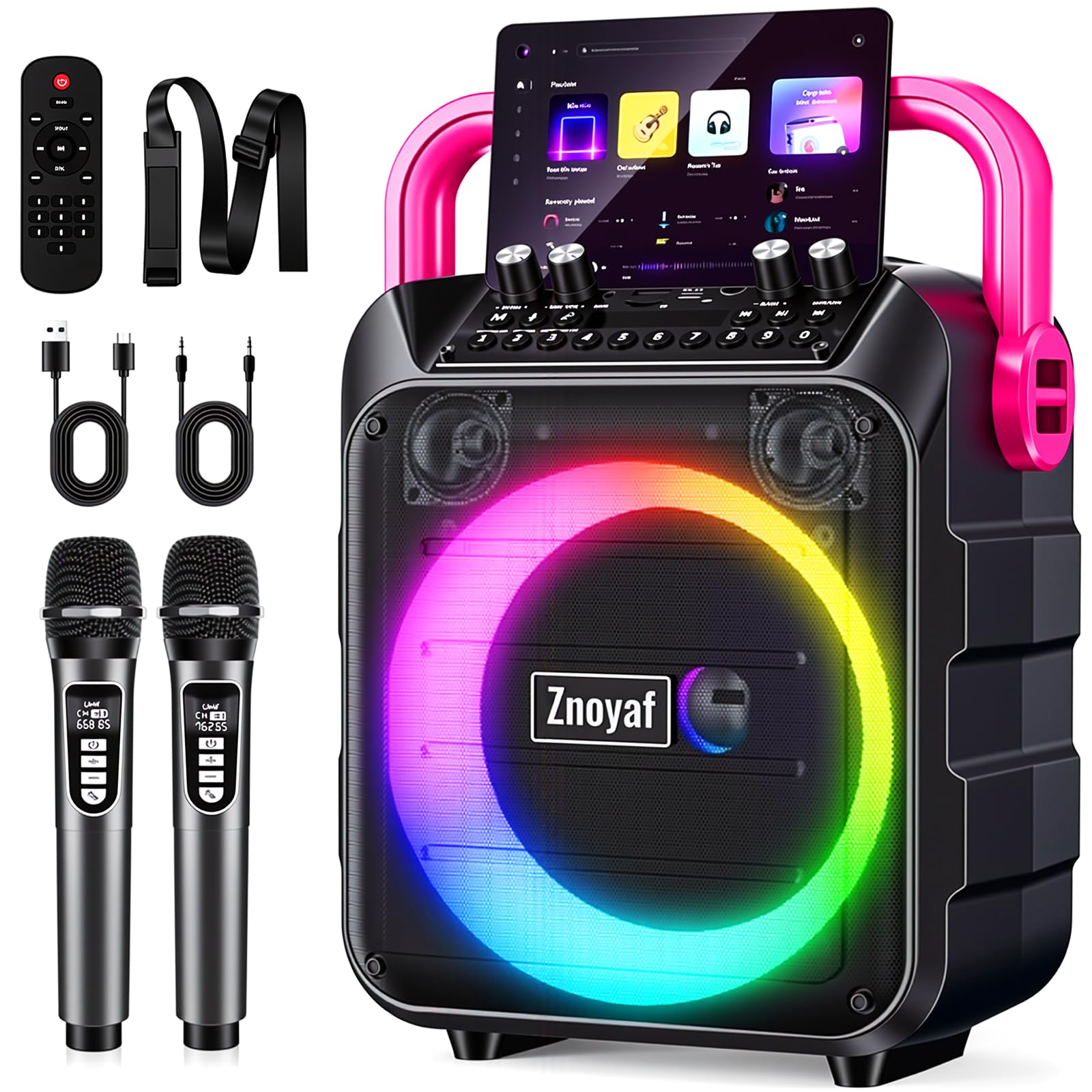 Znoyaf Karaoke Machine for Adults & Kids, 5.3 Bluetooth Speaker Portable with 2 Wireless Microphones, Bass/Treble Adjustment, Re