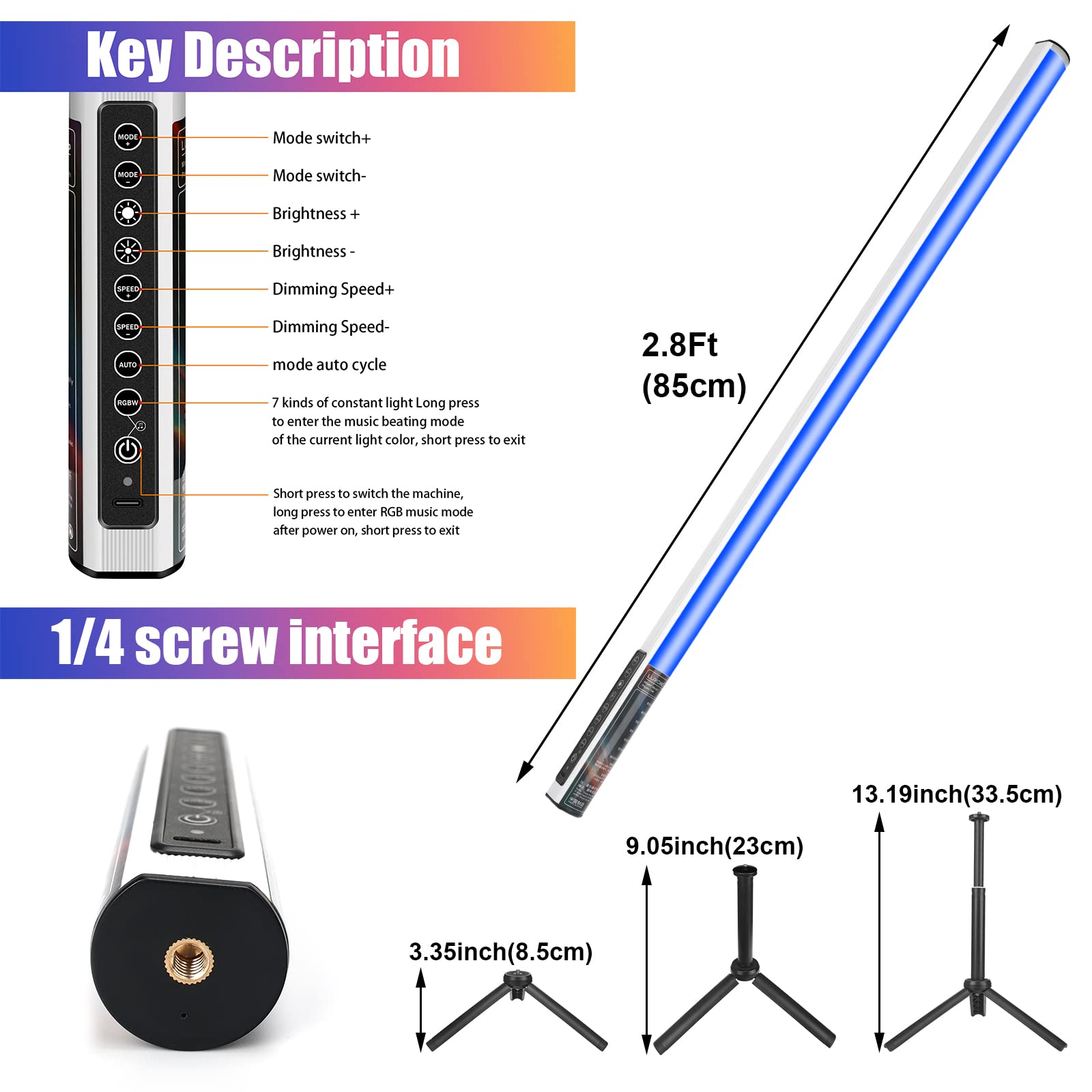 LUXCEO 2Pack RGB Tube Light Bar with Light Stand, Battery Powered LED Video Light Wand Stick for DJ Lighting, Dance Club and Pho