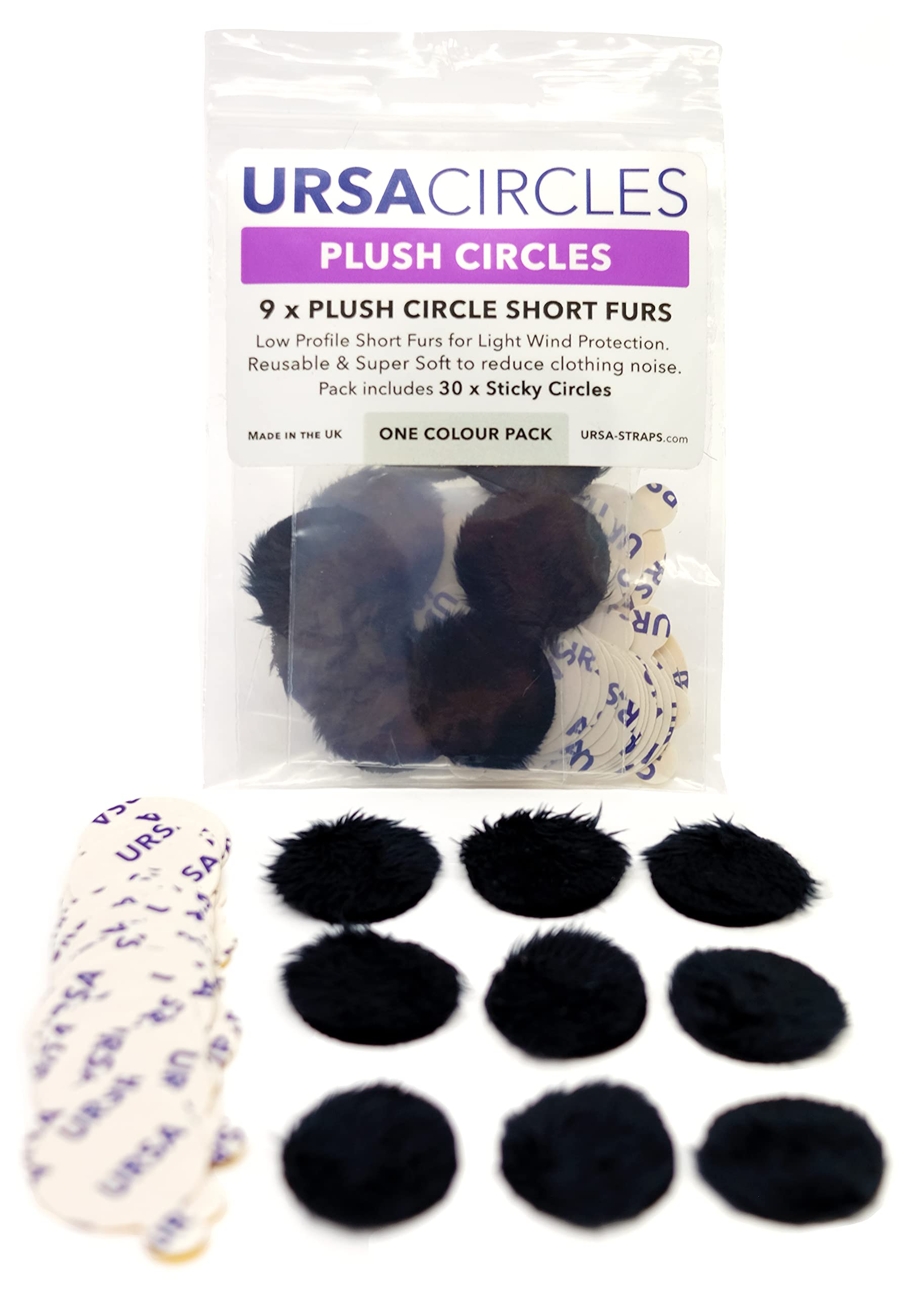 URSA Plush Circles - 5mm length short fur LAV covers. Reusable & Super Soft. 25mm Diameter (9x Circles + 30x Stickies, Black)