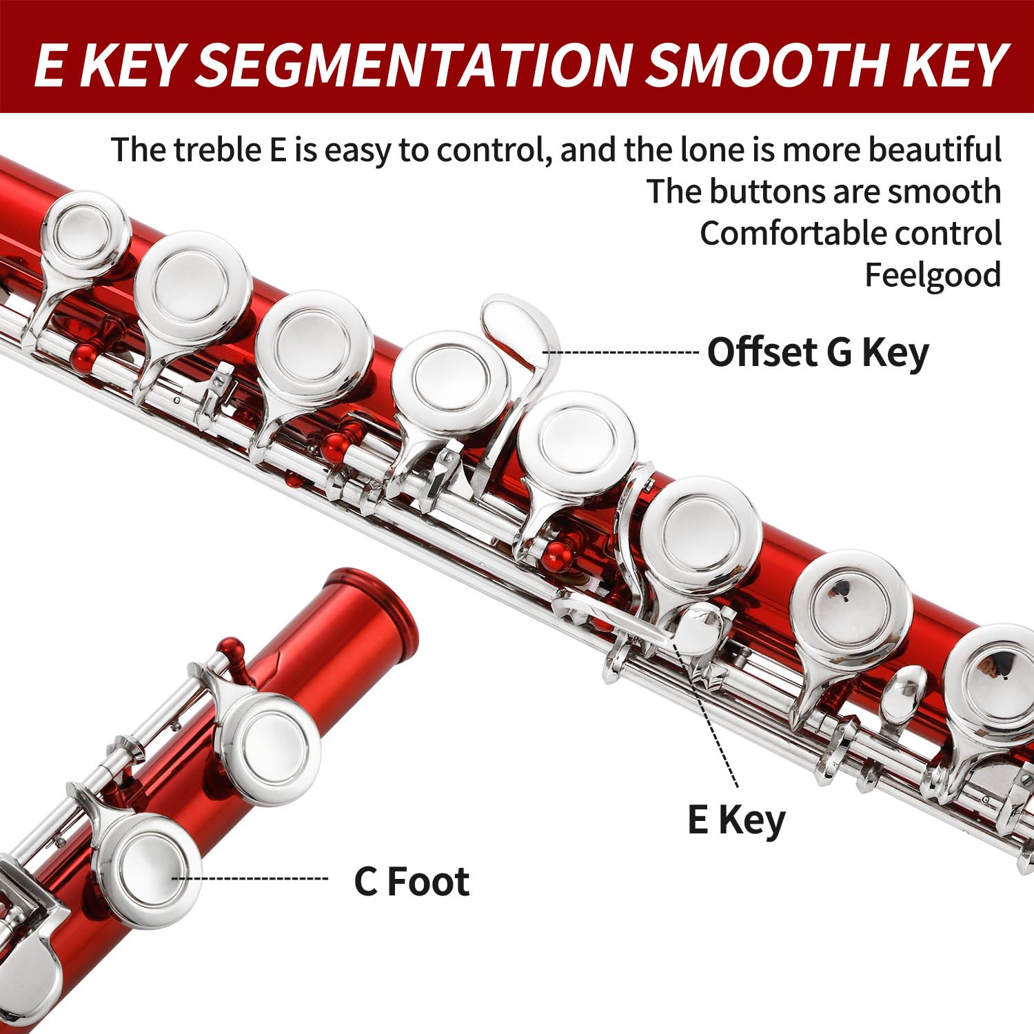 LeSage Closed Hole C Flutes 16 Key Bundy Flute for Beginner Student with Flute Case Maintenance Kit Cleaning Cloth Metal Red Flu