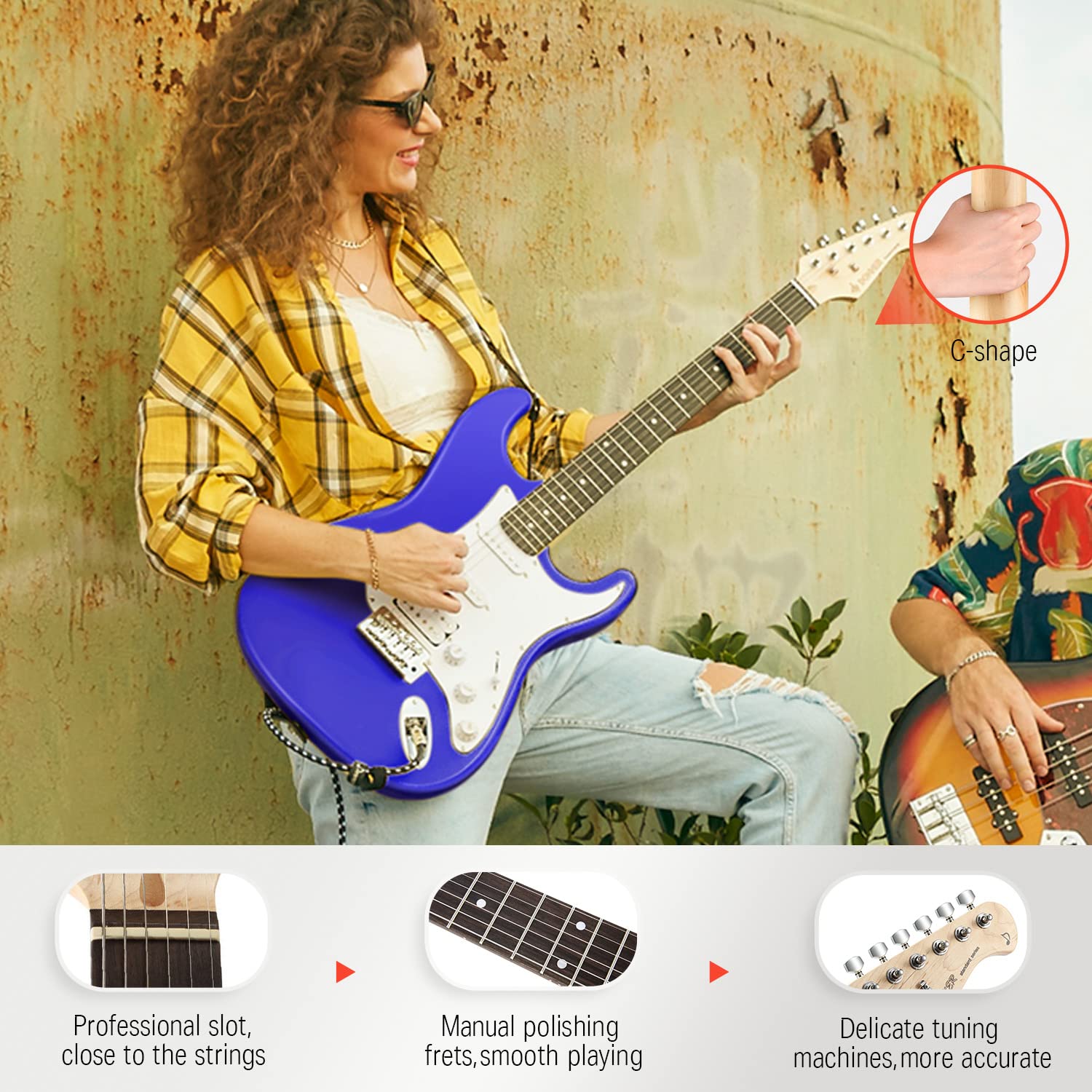 Donner DST-100L 39 Inch Electric Guitar Beginner Kit Full Size Solid Body Purple Sapphire Blue HSS Pick Up Starter Package with