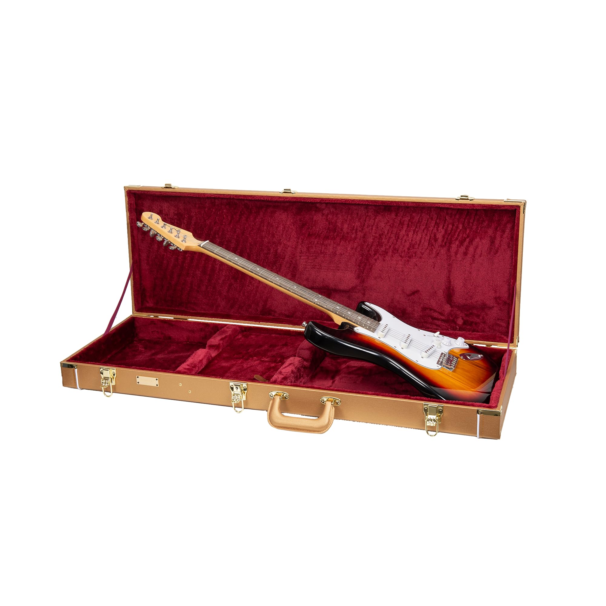 Crossrock Rectangular Wooden Electric Guitar Case For Fender Stratocaster & Telecaster | Luxury Gold Faux Leather, Burgundy Velv