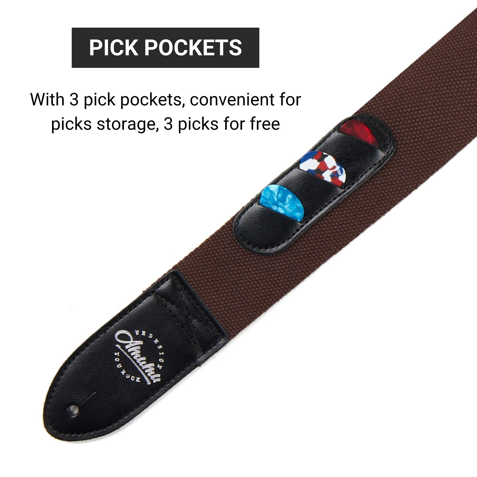 Amumu Guitar Strap Soft Cotton with 3 Pick Holders for Electric, Acoustic, Bass Guitar - Brown