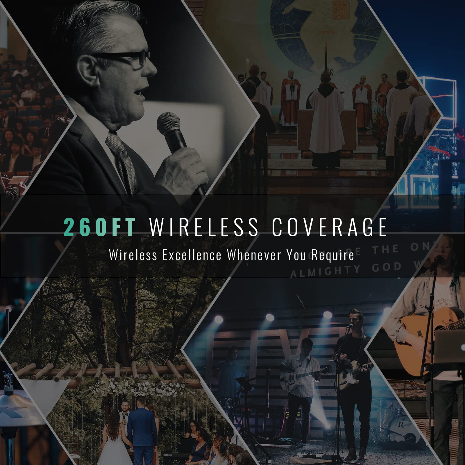 Phenyx Pro Wireless Microphone System, 8-Channel UHF Cordless Mic with Metal Handheld Wireless Mics, Fixed Frequency Dynamic Mic