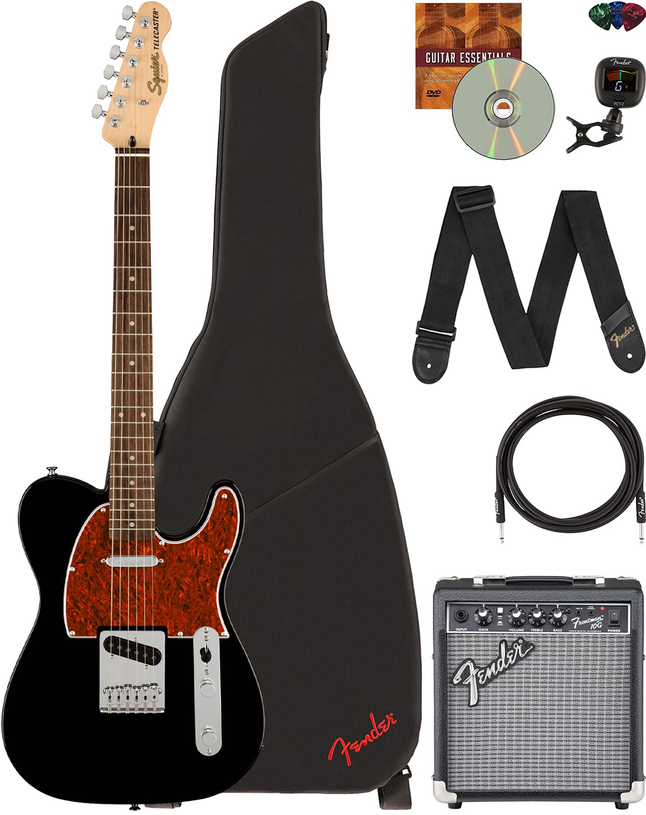Fender Squier Affinity Telecaster - Black Bundle With Frontman 10G Amplifier, Instrument Cable, Gig Bag, Tuner, Strap, Picks, An