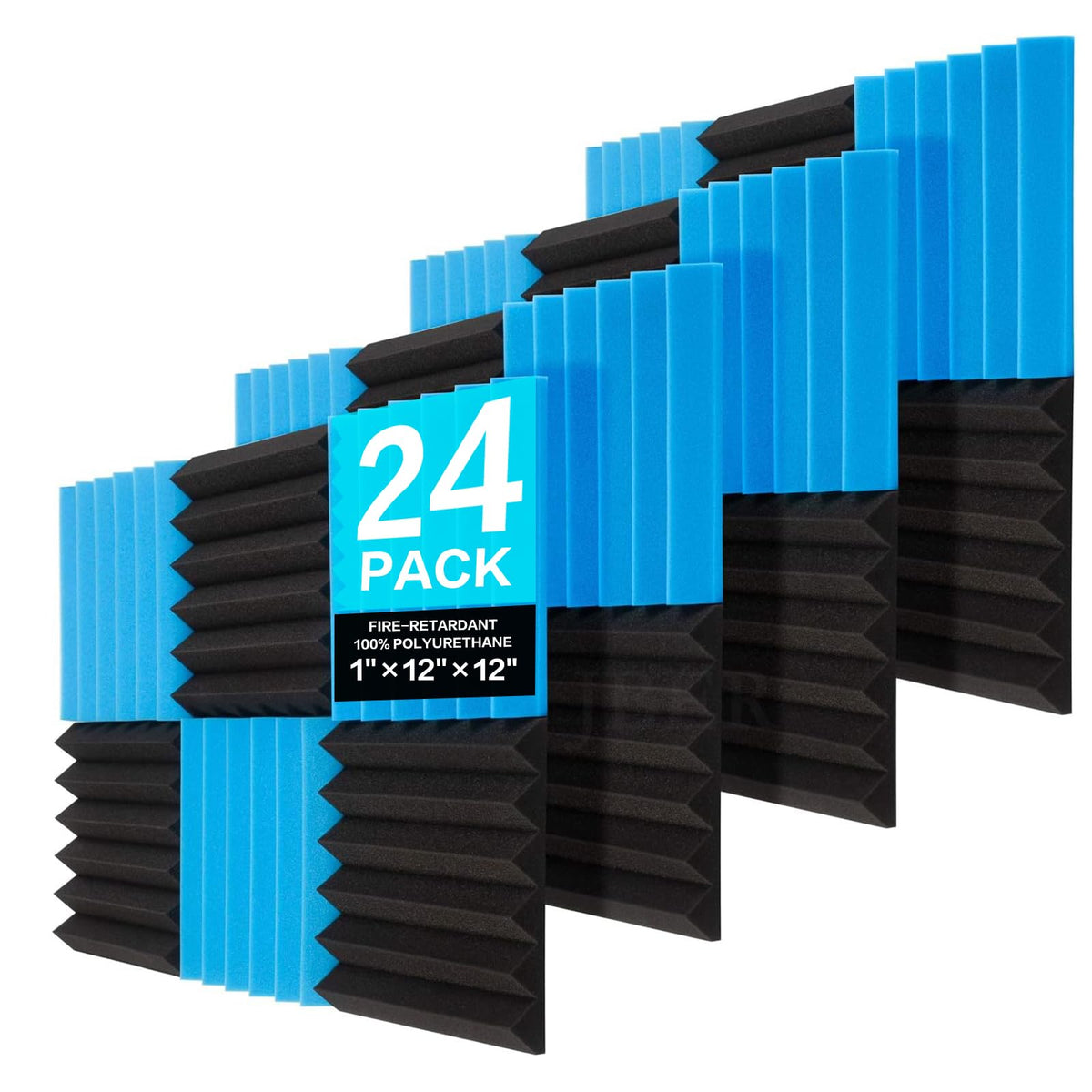 Jber 24 Pack Blue And Charcoal Acoustic Panels Studio Foam Wedges Fireproof Soundproof Padding Black Wall Panels 2'' X 12'' X 12