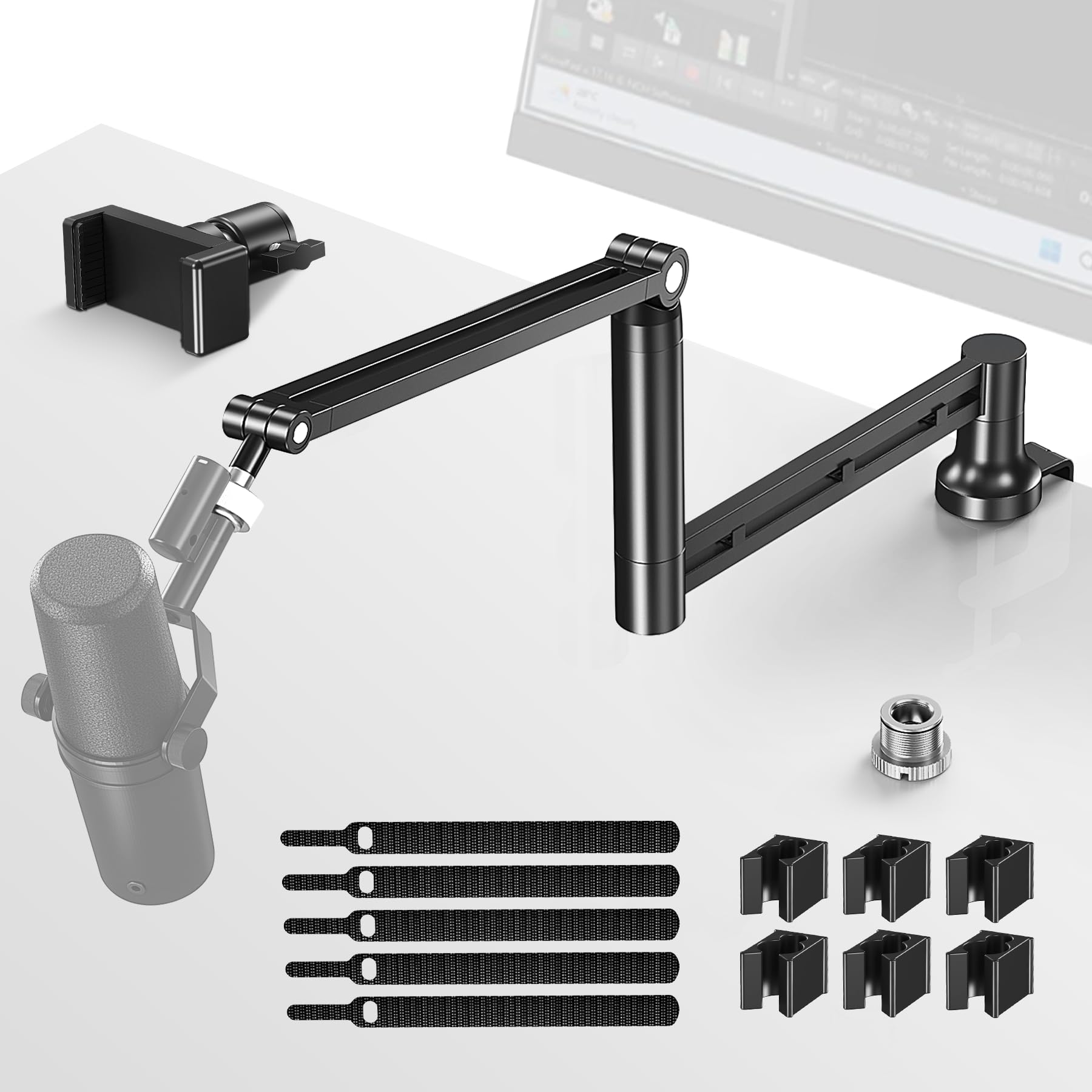 Creadream Mic Boom Arm, Low Profile Microphone Arm Stand Desk Mount With Screw Adapter, Phone Holder, Detachable Rise Column, Ca