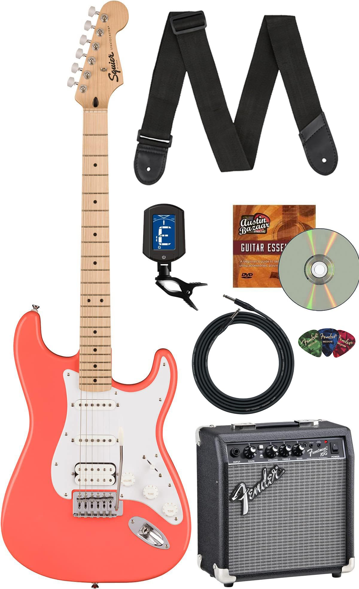 Fender Squier Sonic Stratocaster Hss - Tahititan Coral Bundle With Amp, Tuner, Strap, Cable, Picks, And Austin Bazaar Guitar Dvd