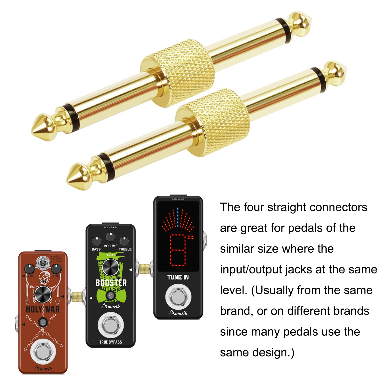 Amuzik Guitar Pedal Coupler Straight Type 1/4 inch Guitar Pedal Connector 6.3mm for Effect Pedalboard Space Saving, Gold Planted