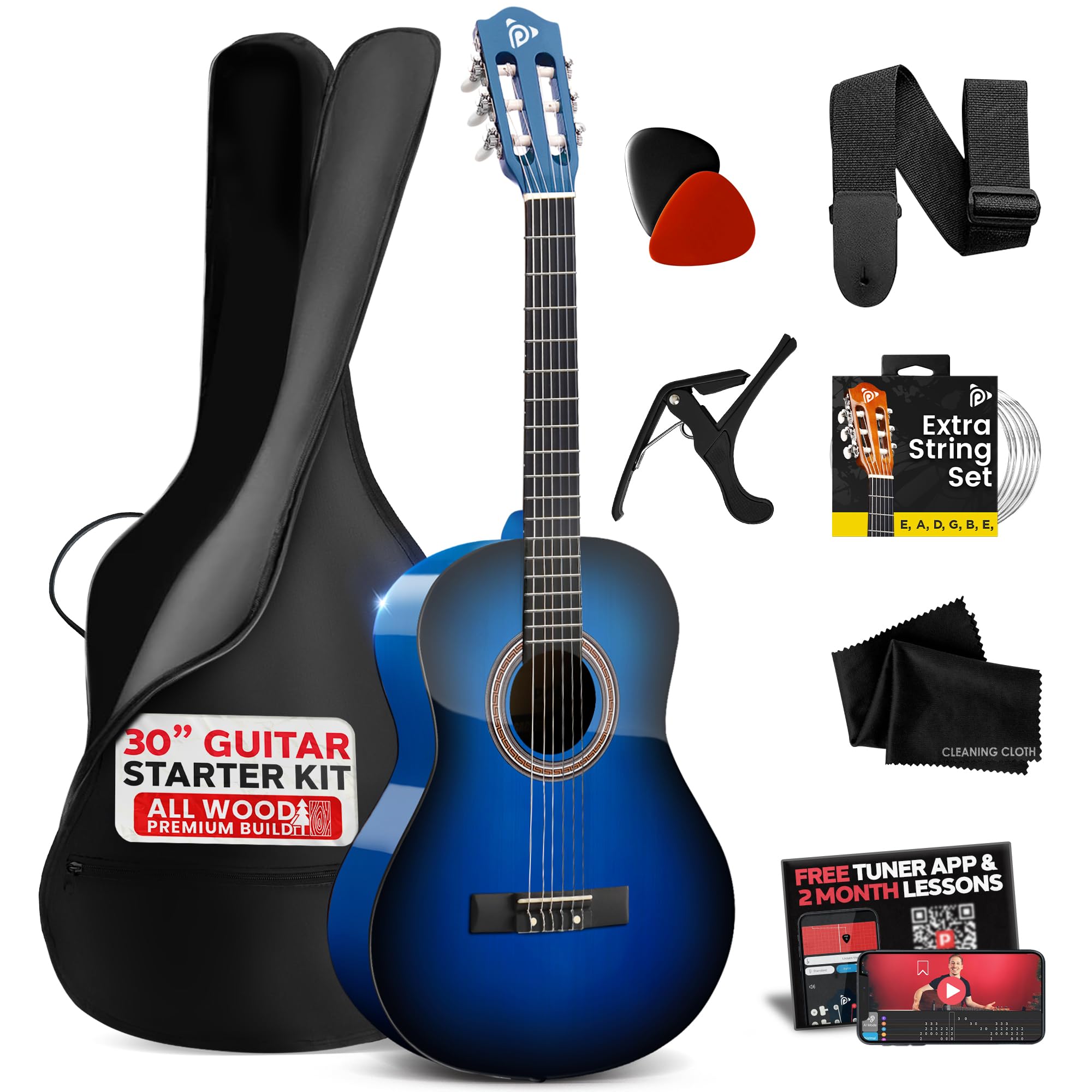 Pyle Beginner Acoustic Guitar Kit, 1/4 Junior Size All Wood Build Nylon Stringed Instrument with Capo, Strap, Extra String Set, 